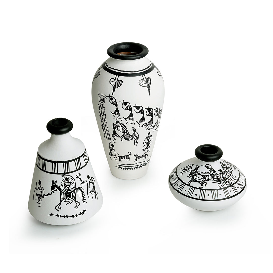 EXCLUSIVELANE 'Warli White Matkis' Handpainted Terracotta Vases (Set of 3) - view 2