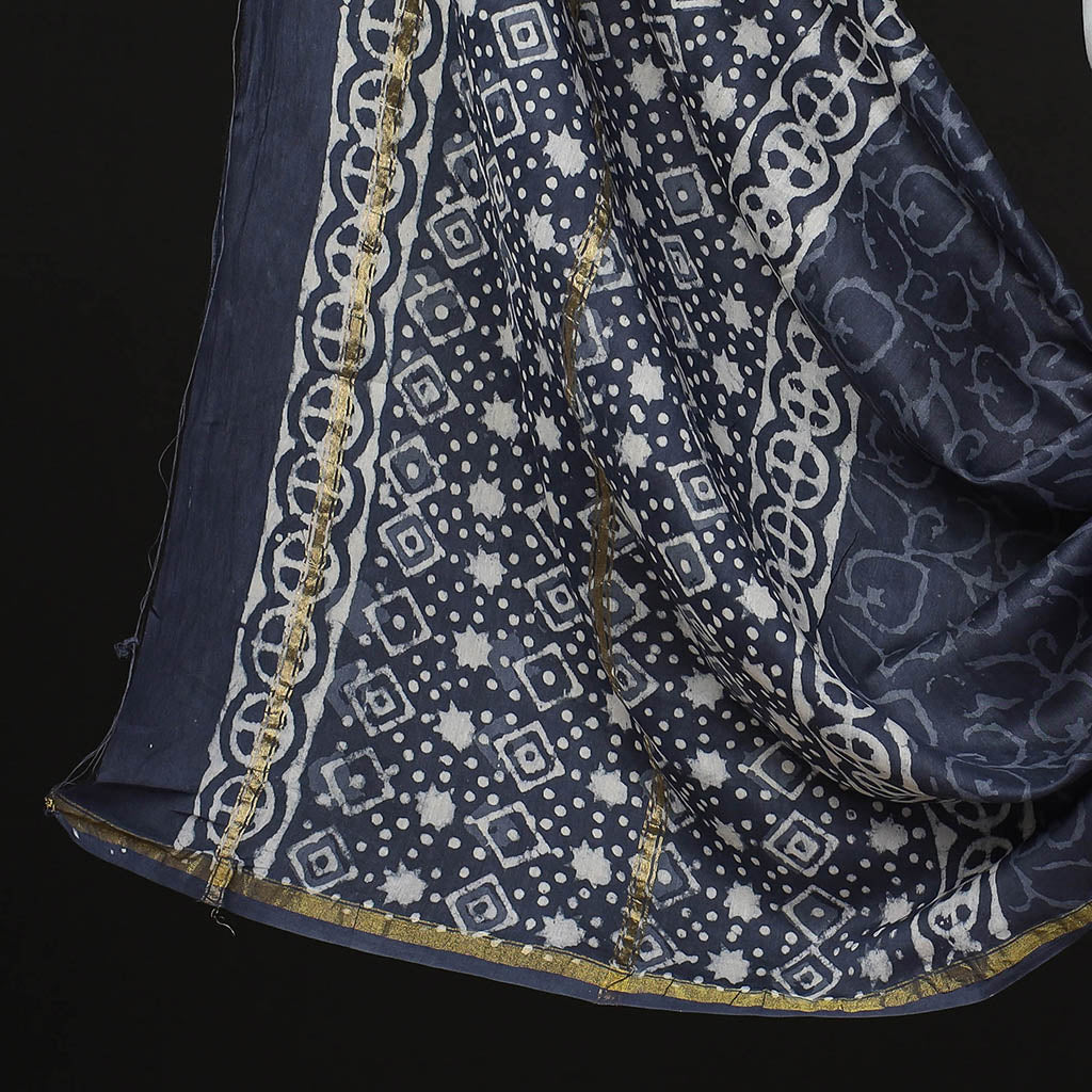ARTISAN HAND BLOCK PRINTS Blue - 3pc Bagru Block Print Chanderi Silk Suit Material Set - view 4