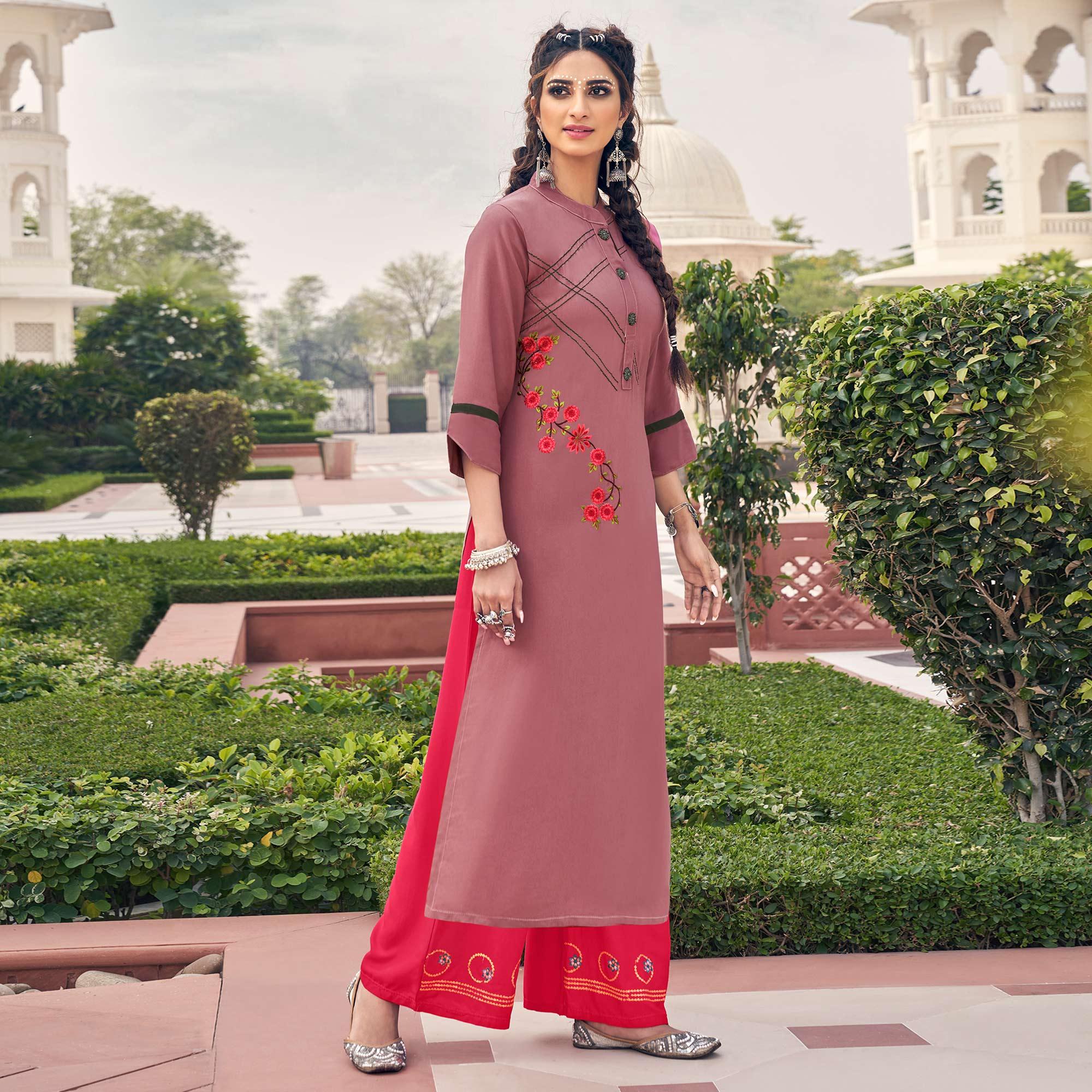 Peachmode Mauve Casual Wear Embroidered Heavy Rayon Kurti - Palazzo Set