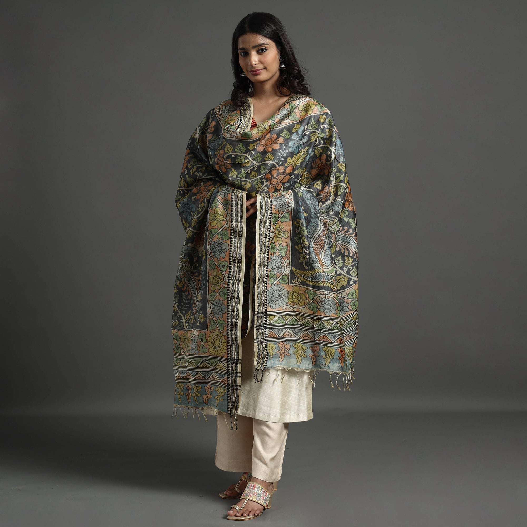 SOUTH KARGHA Black - Pure Tussar Silk Pen Work Srikalahasti Kalamkari Dupatta with Dobby Border - view 4