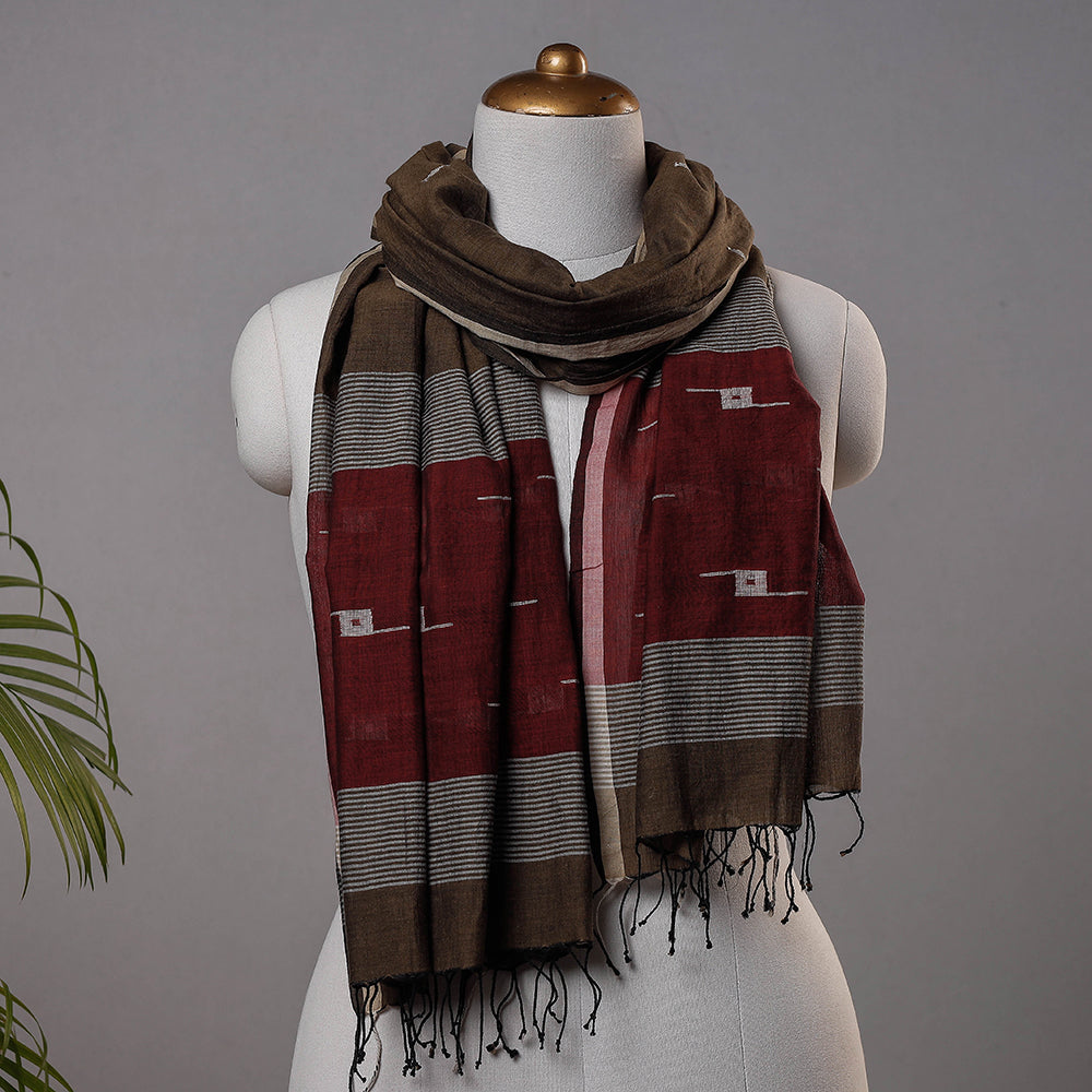 KHUSHBASH - HAPPY LOOM OF EAST Brown - Burdwan Jamdani Buti Handloom Pure Cotton Stole with Tassels