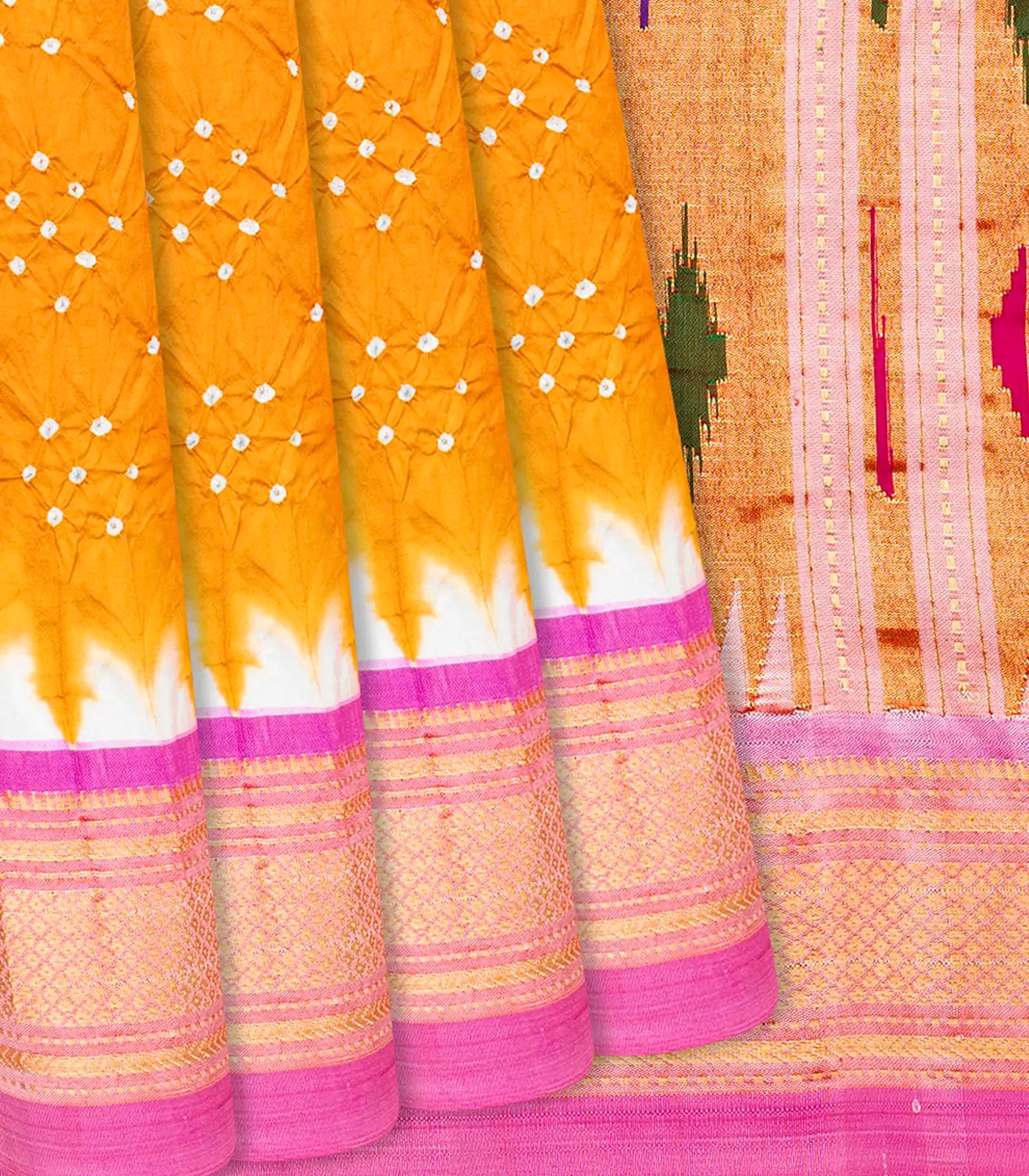 RmKV Mustard Handwoven Bandhani Silk Saree With Paithani Pallu-Mustard