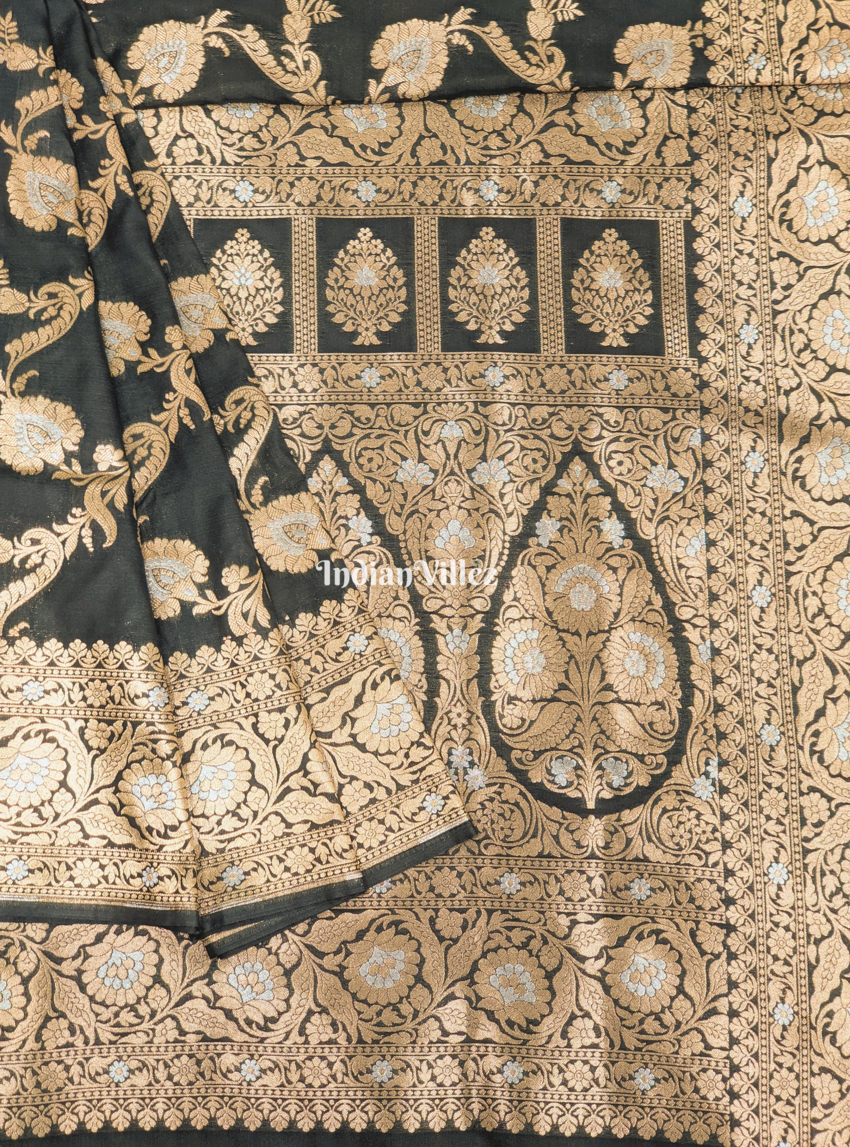 IndianVillèz Moss Green Floral Design Pure Banarasi Katan Saree