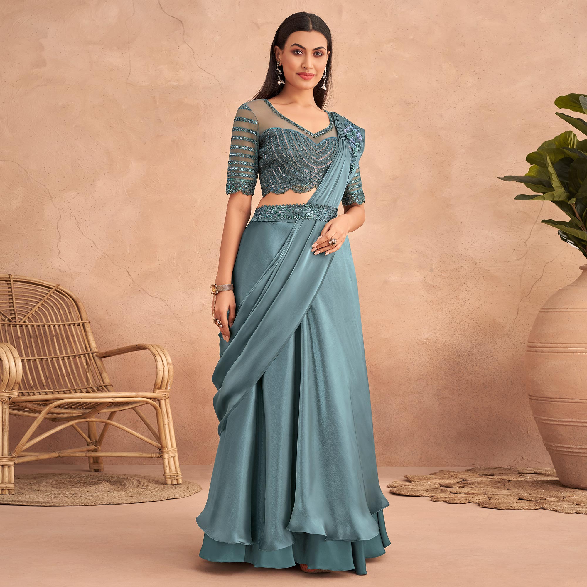 Peachmode Seller Grey Sequins Embroidered Ready To Wear Art Silk Saree - view 2