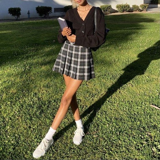 I Z F Japanese-Inspired Black Checkered Pleated Mini Skirt