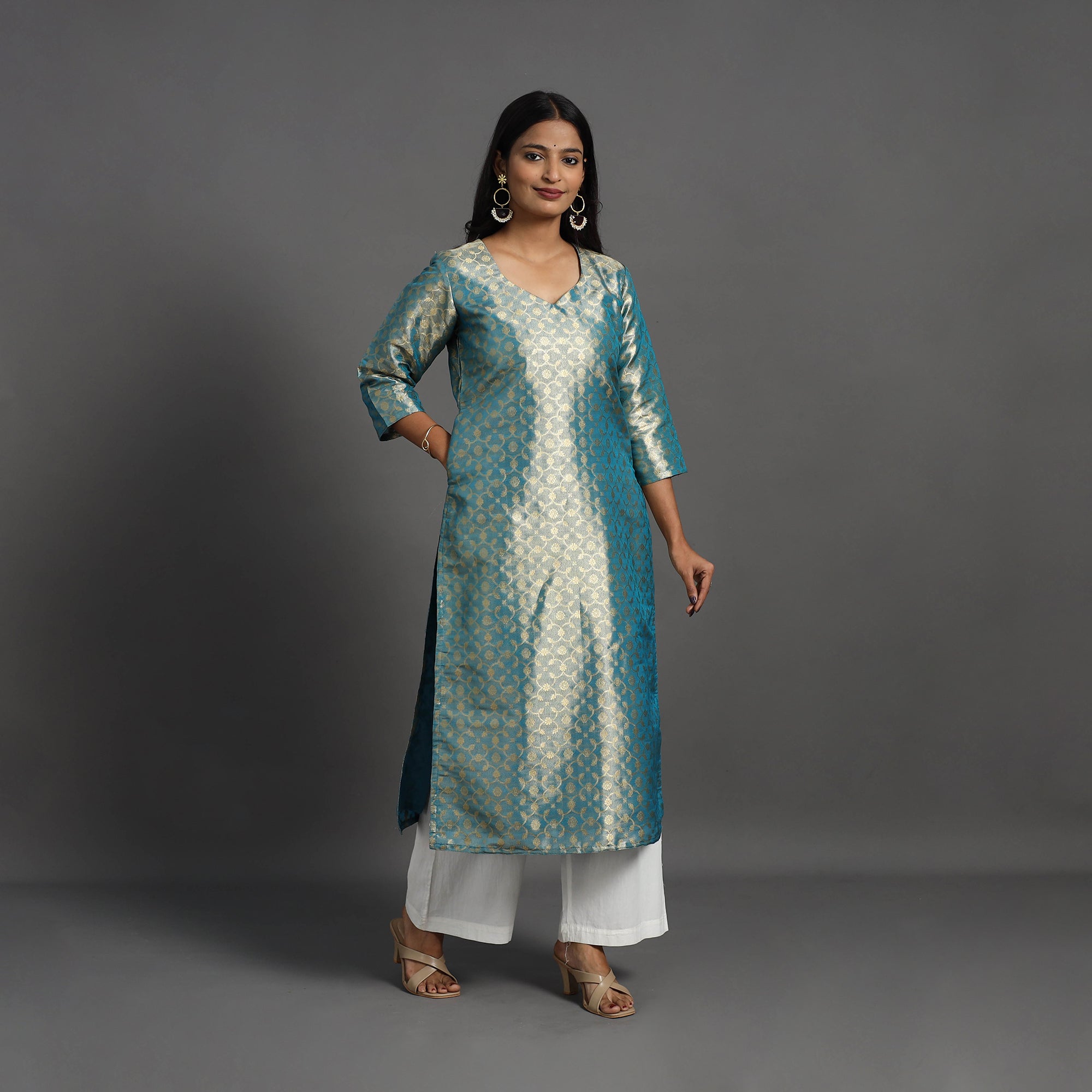 ITOKRI CASUALS Blue - Cutwork Tissue Zari Jaal Banarasi Silk Kurta 06 - view 2