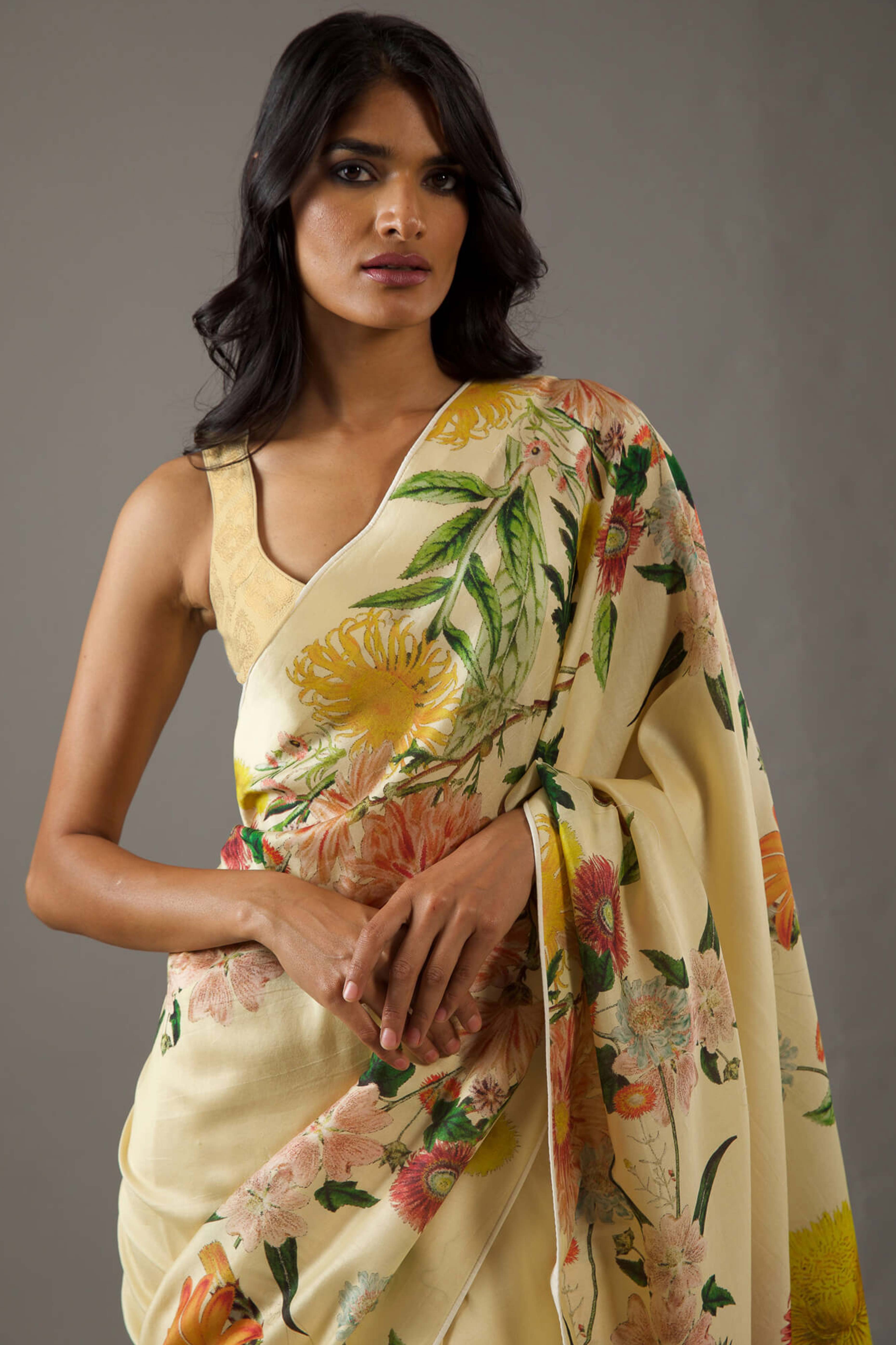Peachmode Cream Floral Printed Chiffon Saree – Women's - view 5