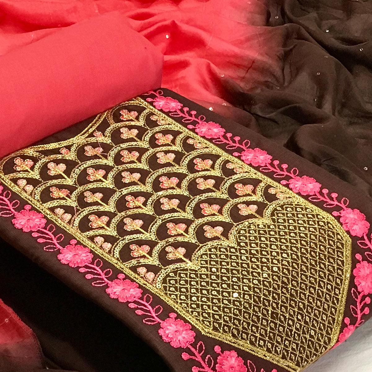Peachmode Brown Embroidered With Embellished Cotton Blend Dress Material - view 2