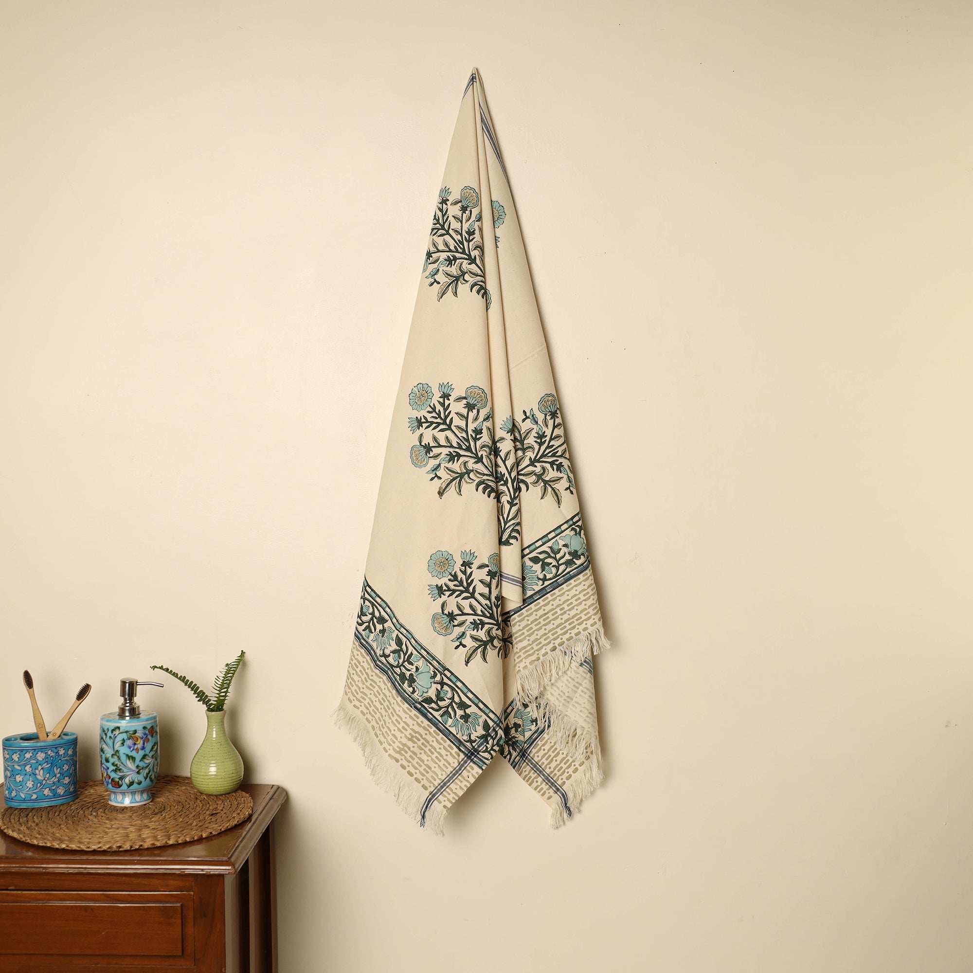 ARTISAN HAND BLOCK PRINTS Beige - Block Printed Handloom Cotton Sanganeri Towel 38