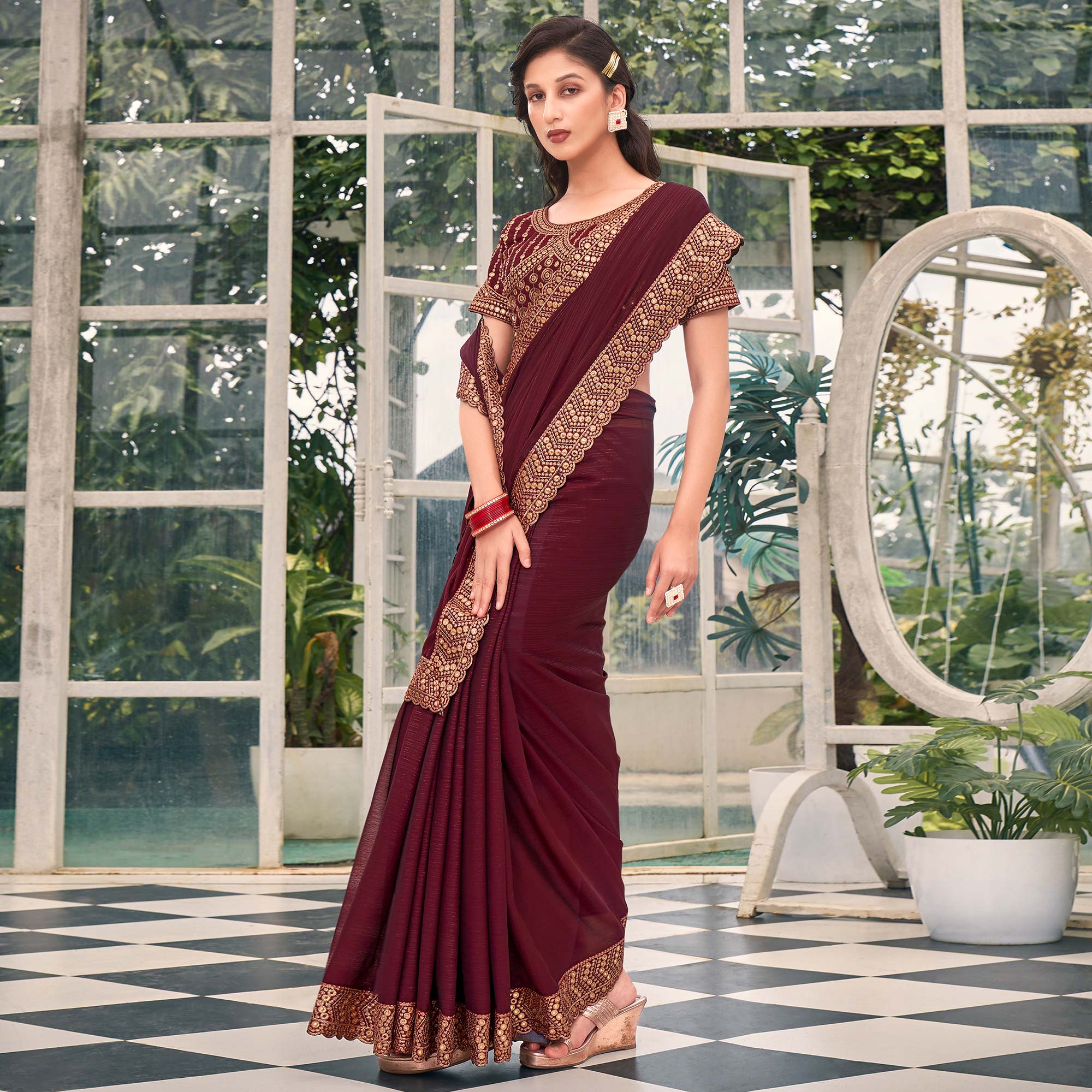 Peachmode Brown Solid With Embroidered Border Georgette Saree