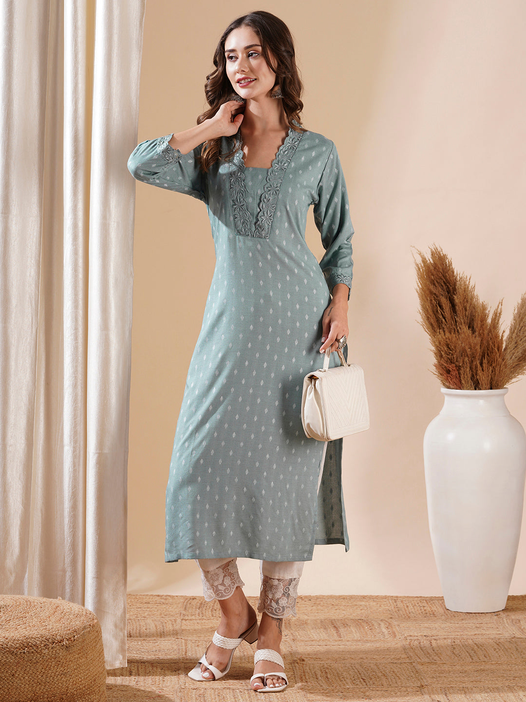Fashor Woven Dobby Design Resham Embroidered Kurta - Powder Blue