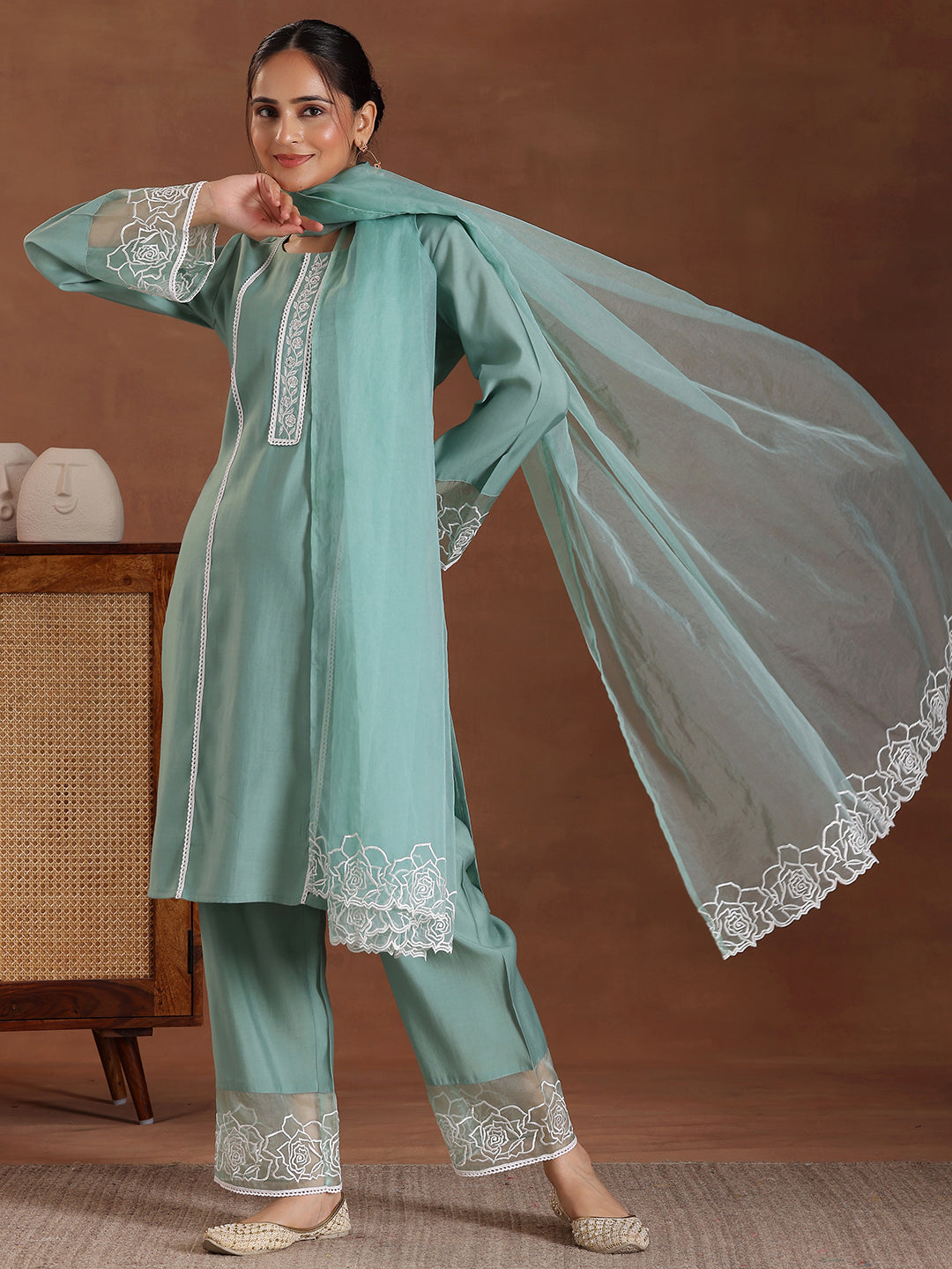 Libas Green Self Design Silk Blend Straight Suit With Dupatta