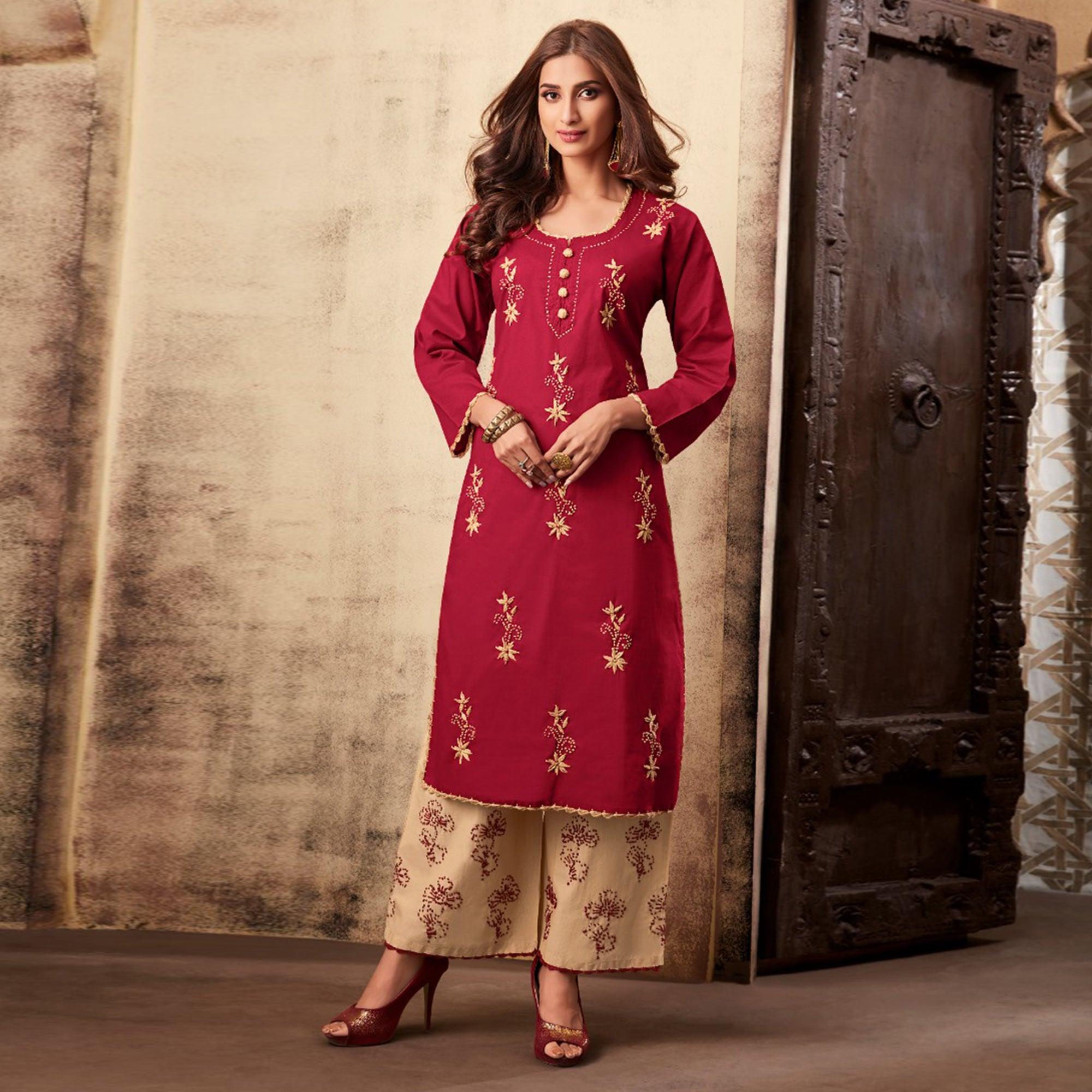 Peachmode Imposing Maroon Colored Casual Wear Embroidered Rayon Kurti Palazzo Set