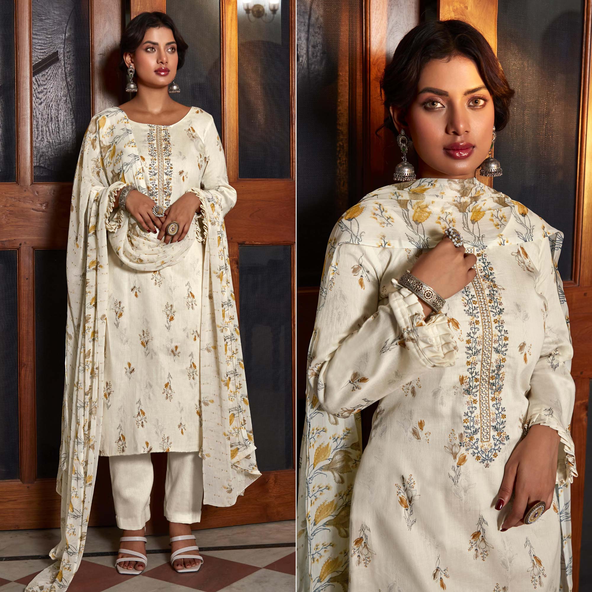 Peachmode Cream Printed With Embroidered Pure Cotton Suit