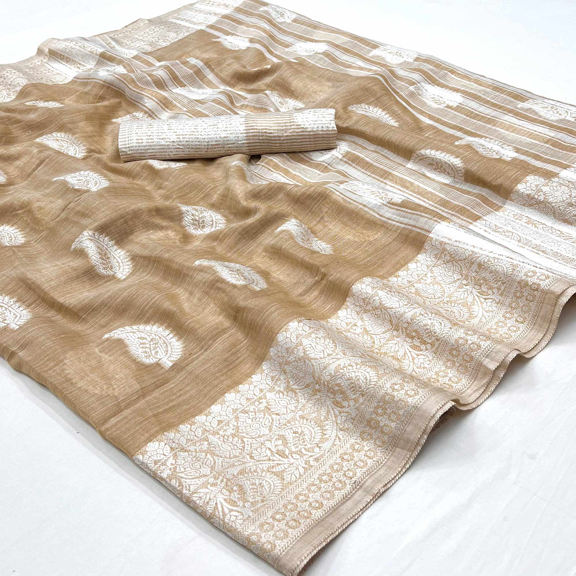 Peachmode Chikoo Woven Linen Saree – Women's