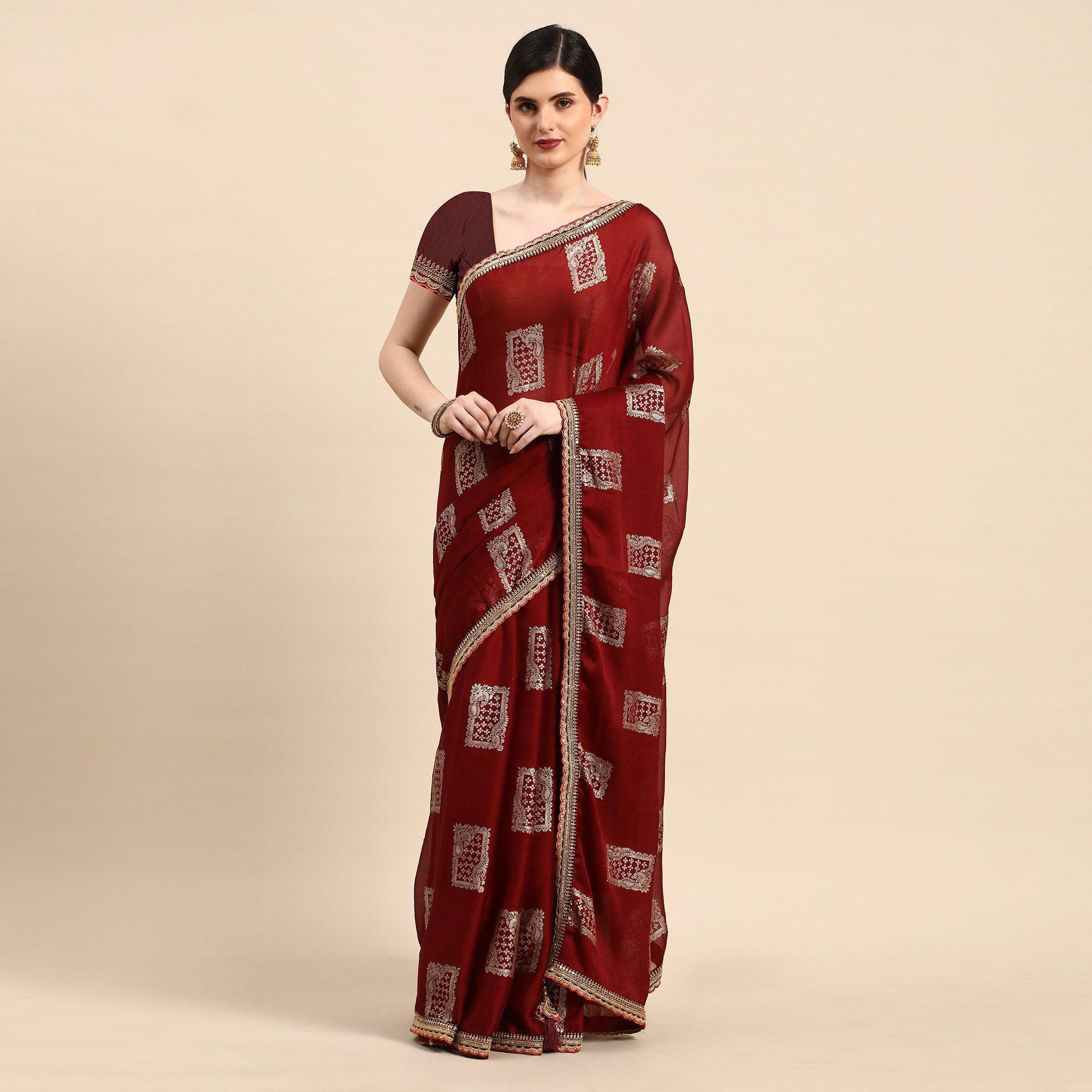 Peachmode Maroon Foil Printed With Embroidered Border Chiffon Saree - view 2