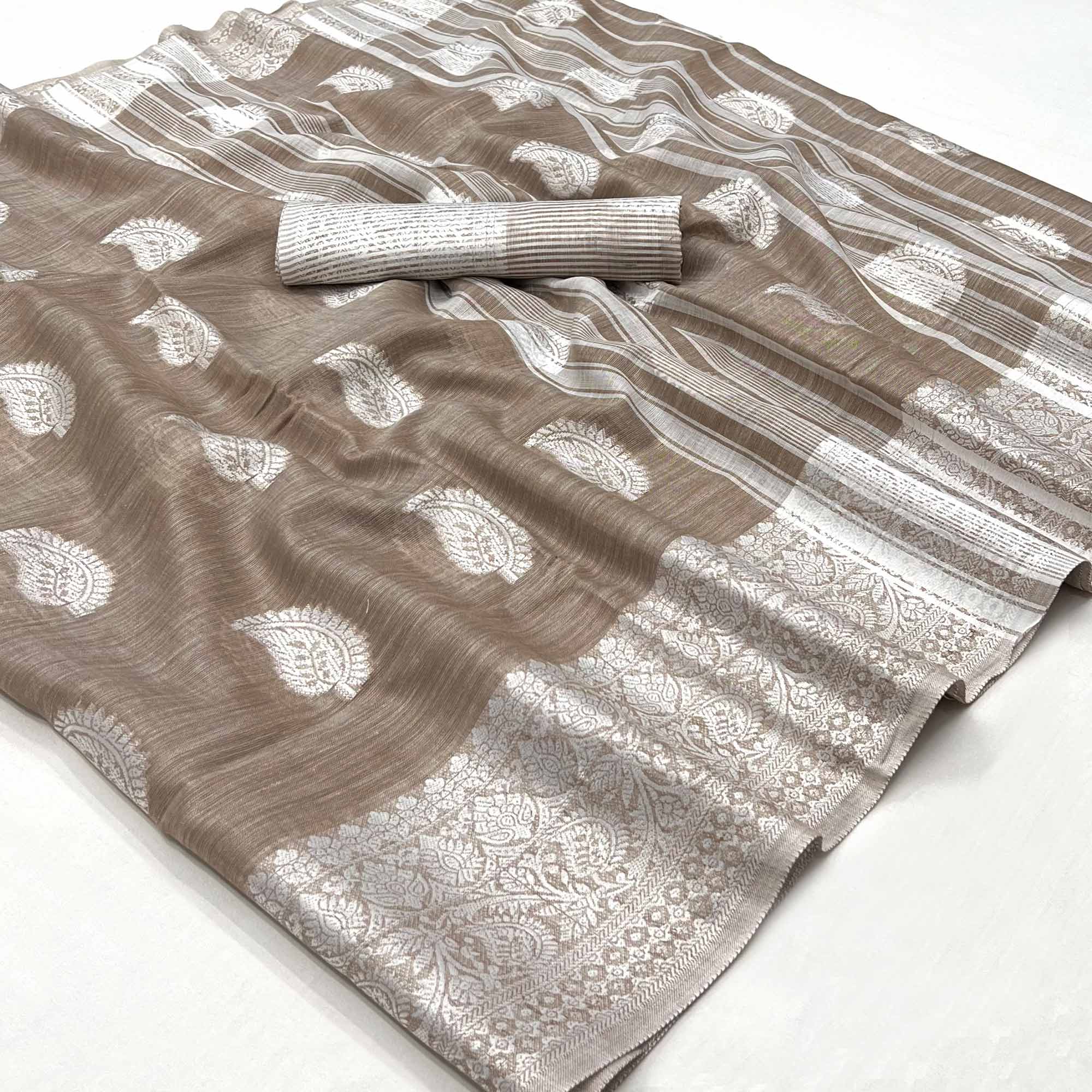 Peachmode Brown Woven Linen Saree – Women's
