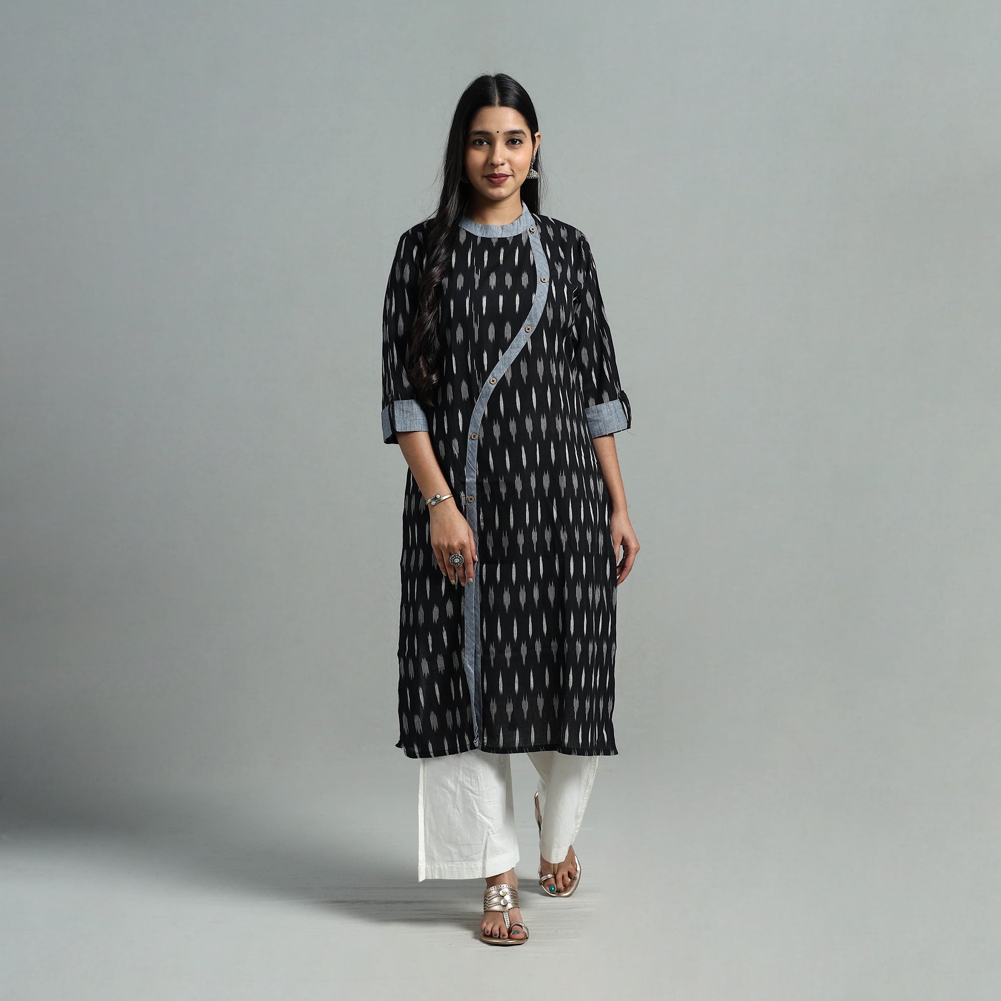DARAM Black - Angrakha Cotton Straight Pochampally Ikat Kurta 09 - view 3
