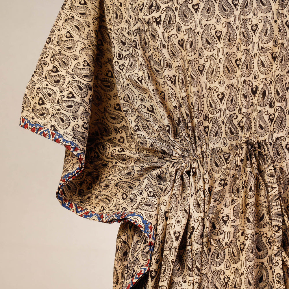 CHUTNEY CRAFT STUDIO Beige - Block Print Cotton Kalamkari Kaftan with Tie-Up Waist (Medium) - view 2