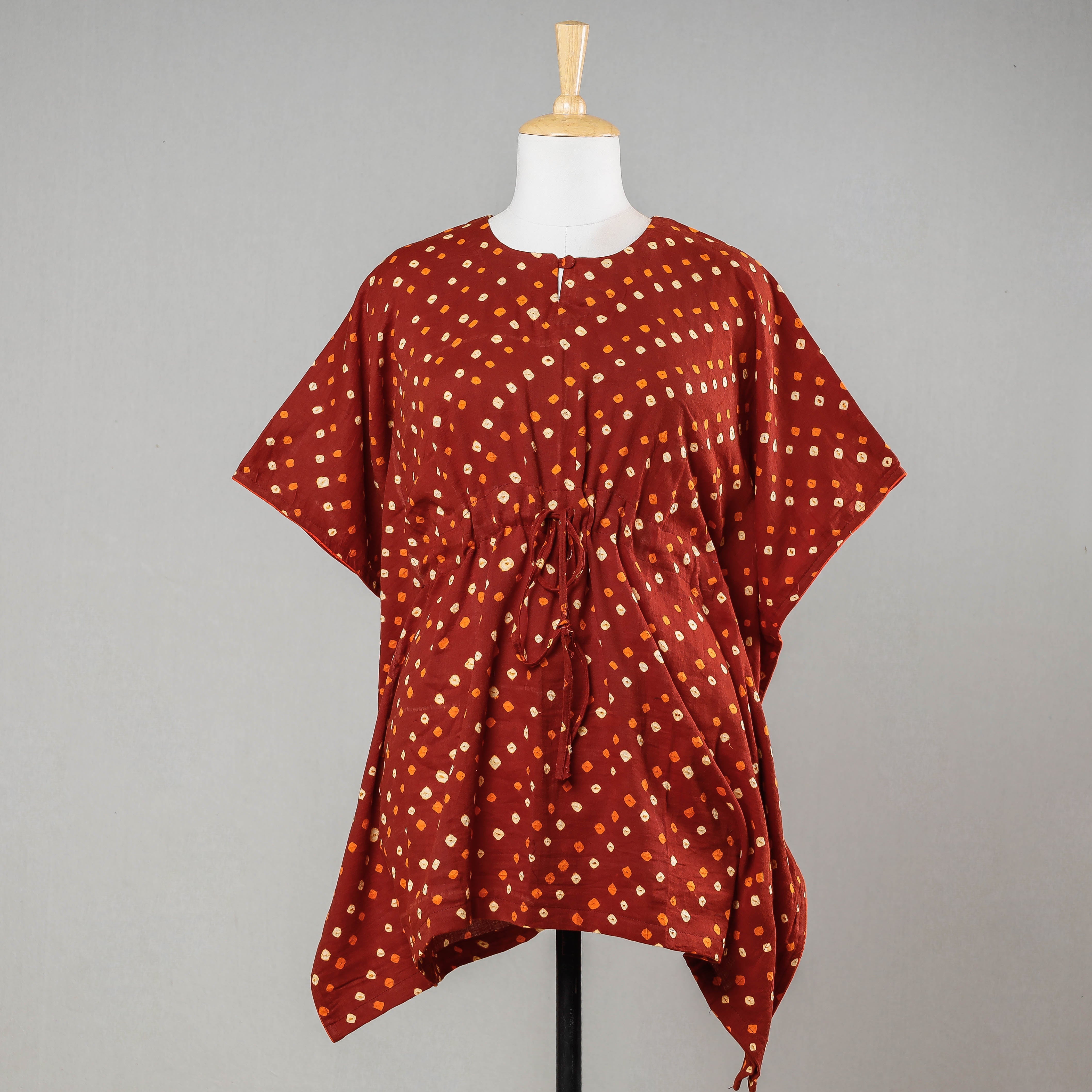 ITOKRI CASUALS Brown - Bandhani Tie-Dye Cotton Kaftan with Tie-Up Waist (Short)