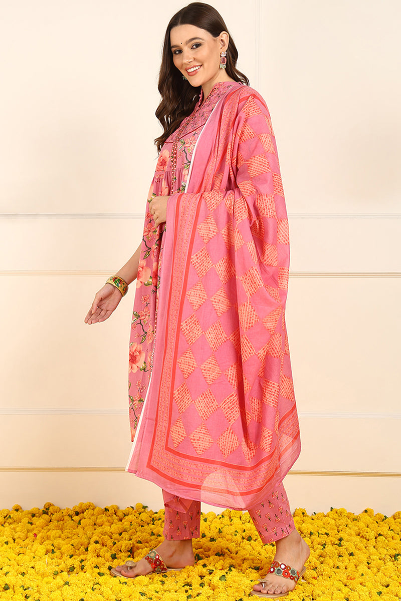 Ahika Pink Pure Cotton Floral Embroidered A-Line Suit Set JPSKD1025PNK - view 3