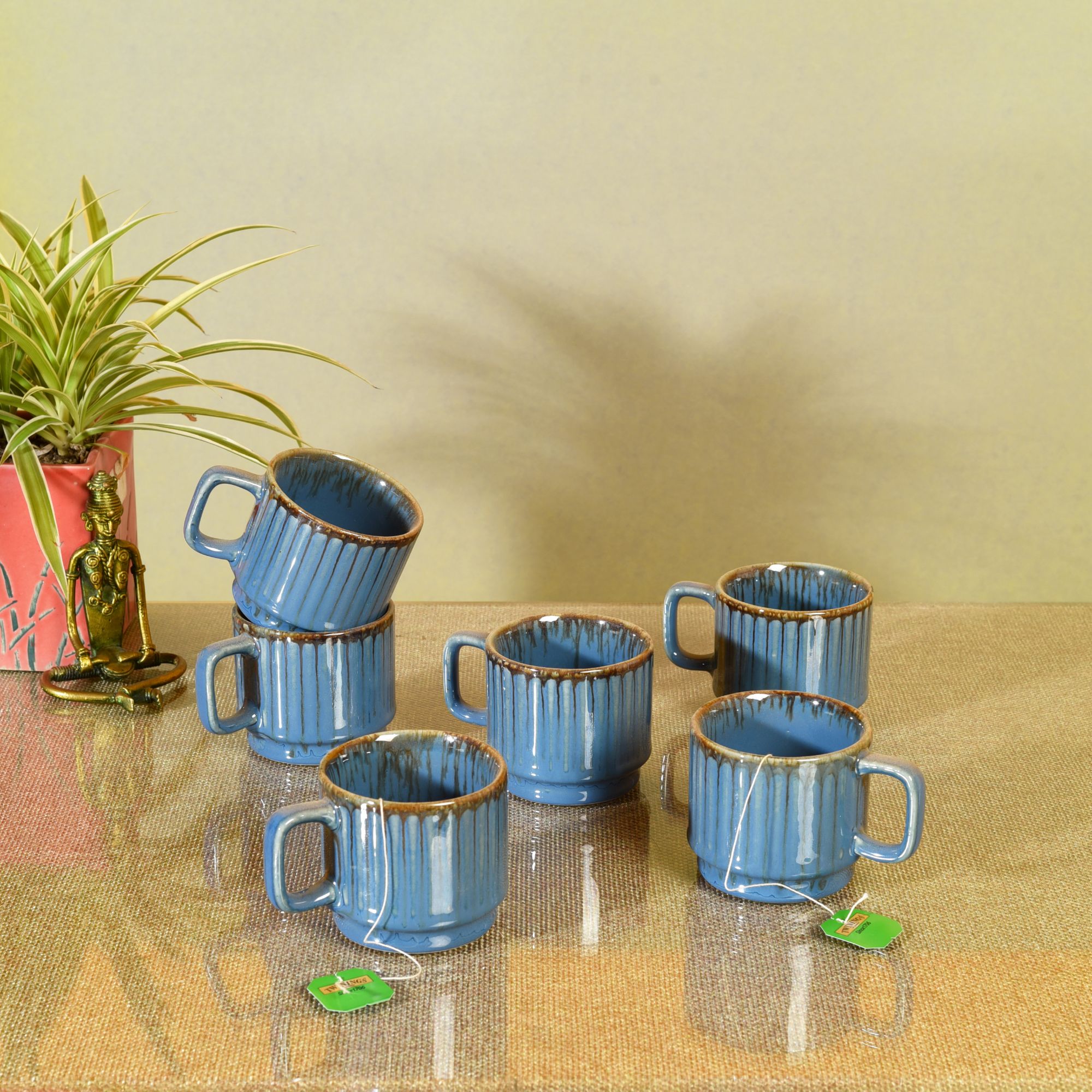 ART CREATIONS BY SUMAN SONTHALIA Blue - Cerulian Stripes Tea Cups (Set of 6