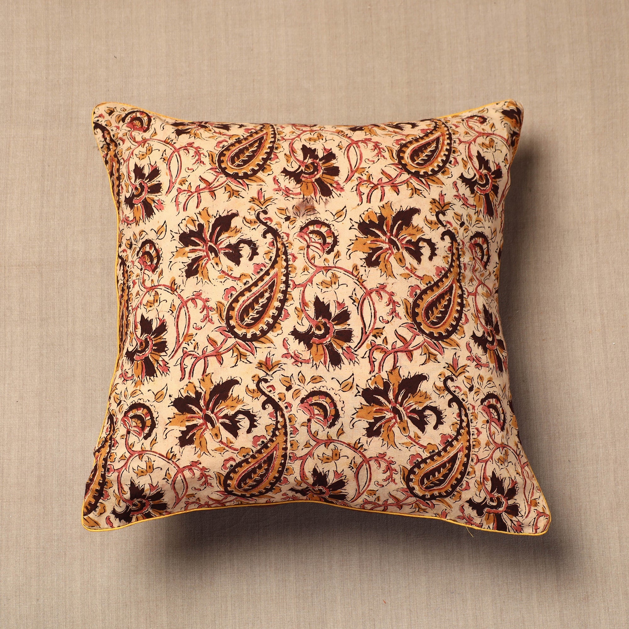 NOORI BAZAR Beige - Block Print Cotton Kalamkari Cushion Cover (16 x 16 in)