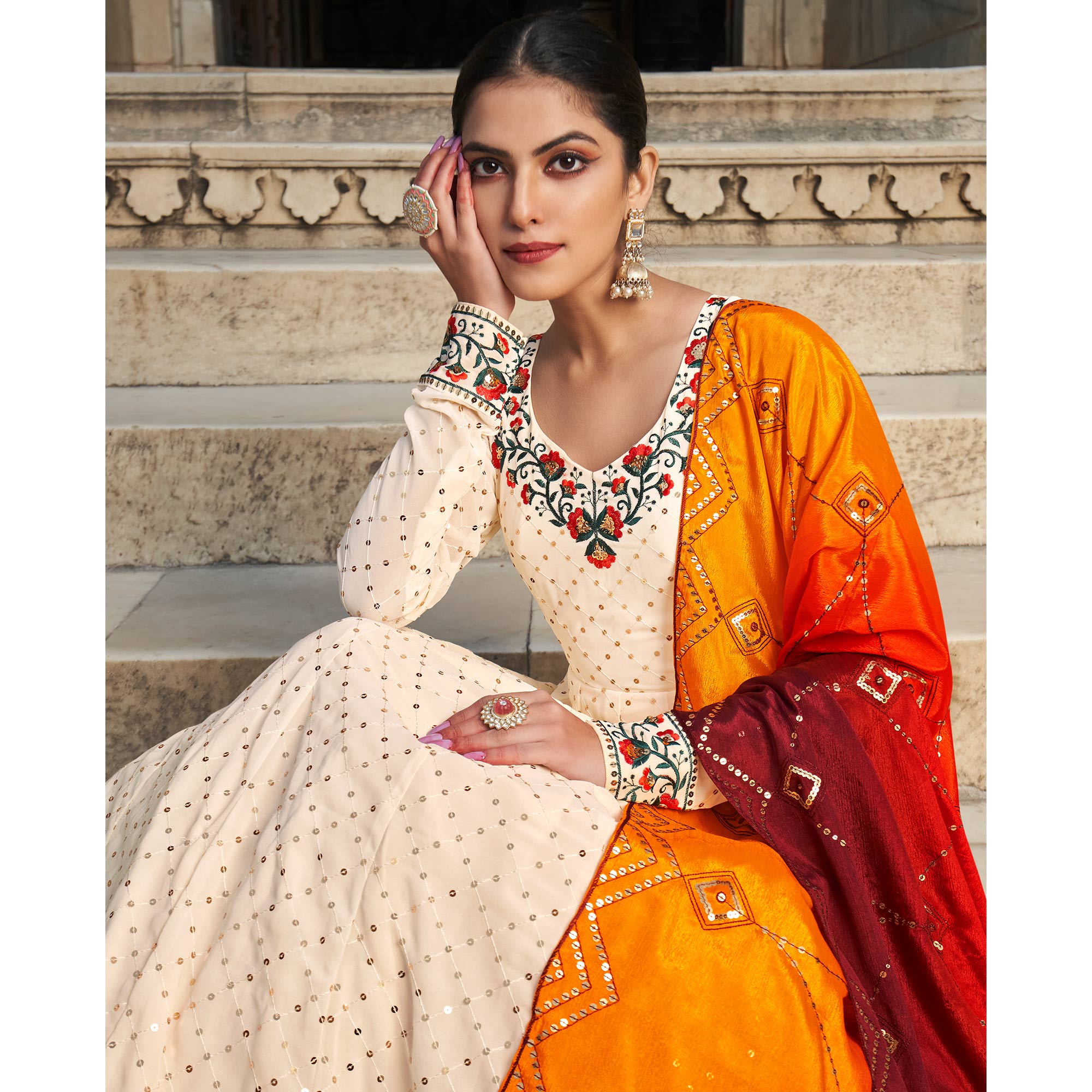 Peachmode Seller Cream Sequins Embroidered Georgette Gown With Dupatta - view 5