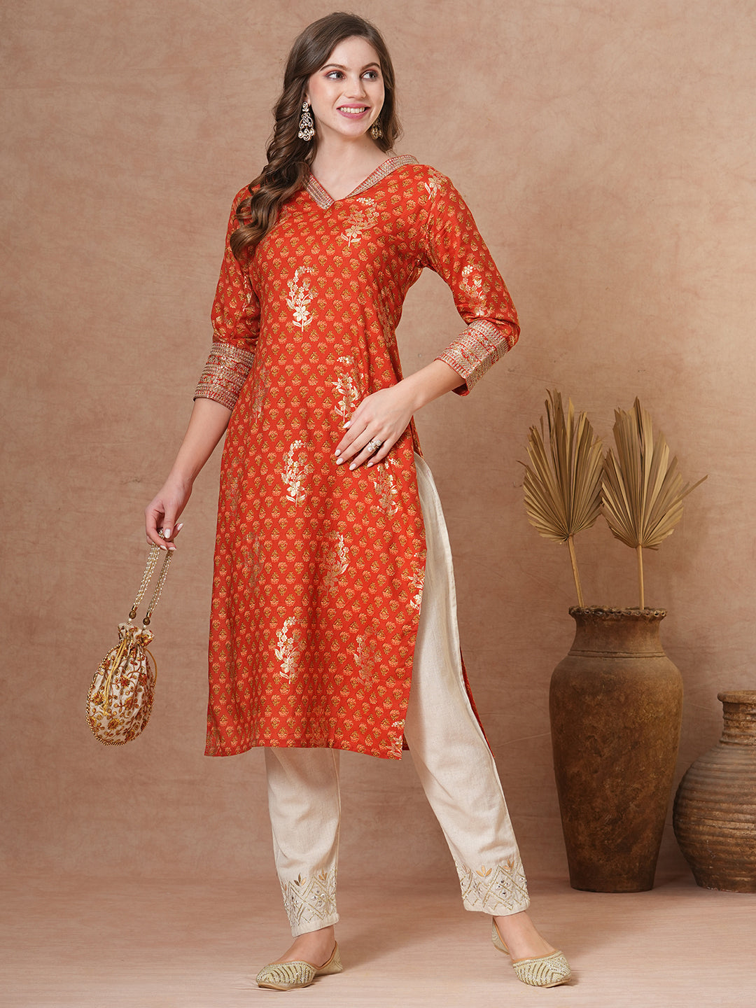 FASHOR Ethnic Floral Foil Printed & Embroidered Straight Fit Kurta - Brown