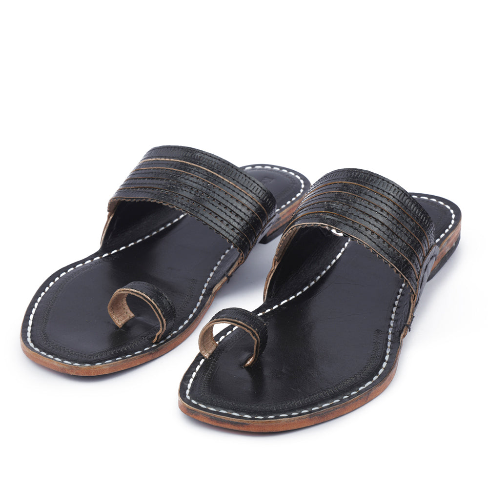 KORAKARI Black Handstitched Leather Kolhapuri Men Slipper