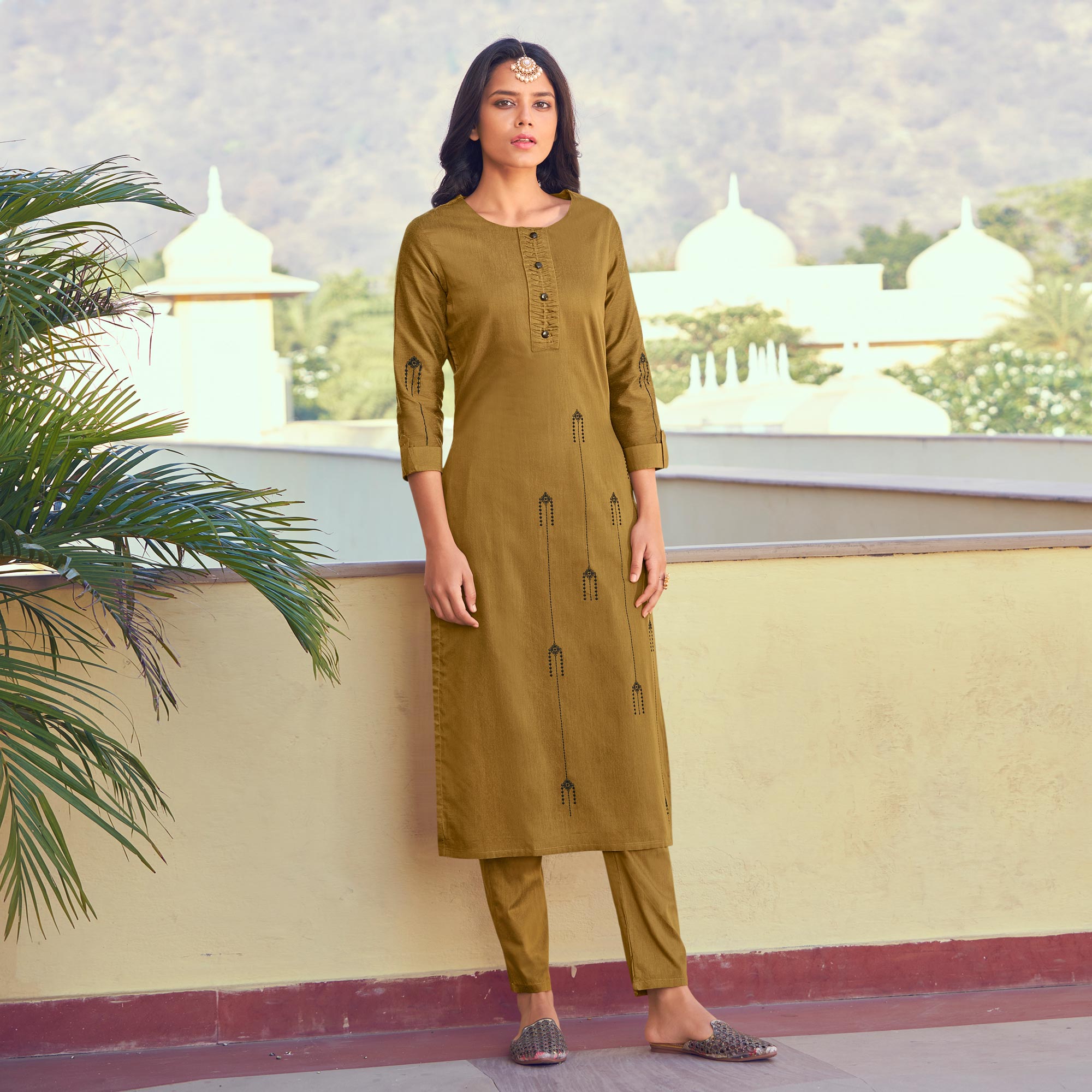 Peachmode Seller Brown Embroidered Art Silk Kurti Pant Set - view 2