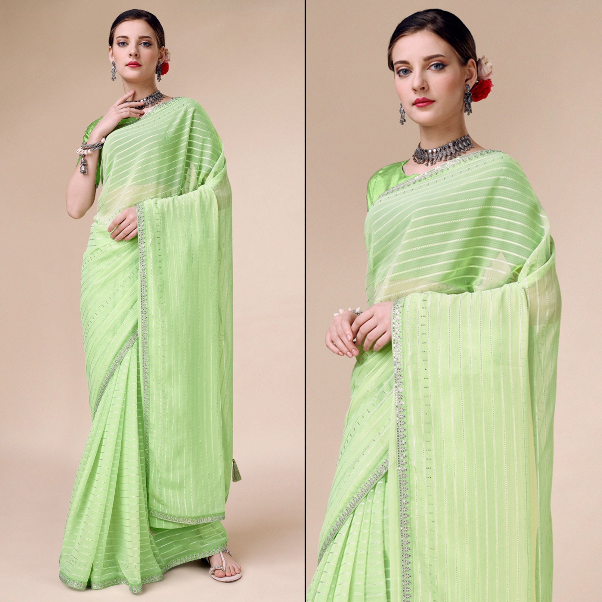 Peachmode Light Green Zari Striped With Swarovski Work Chiffon Saree