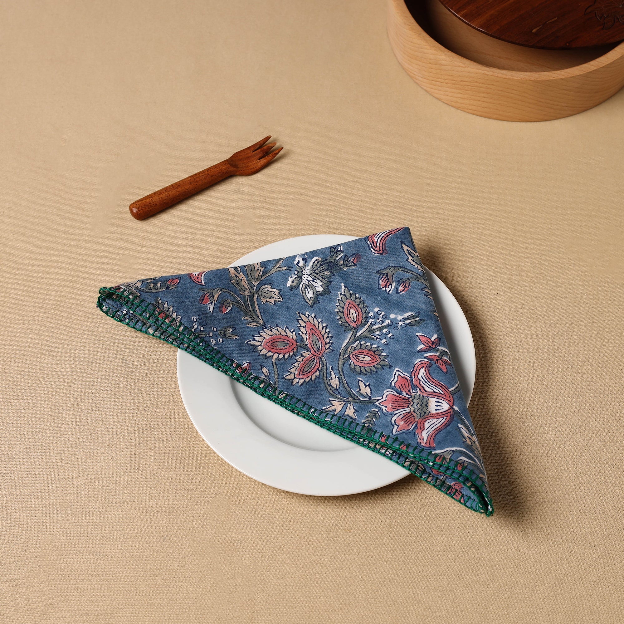 NOORI BAZAR Blue - Floral Block Print Cotton Hand Embroidery Table Napkin 08