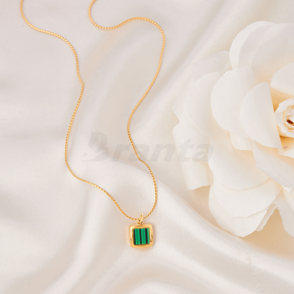 Branta Gold Malachite Green Square Charm Pendant Necklace