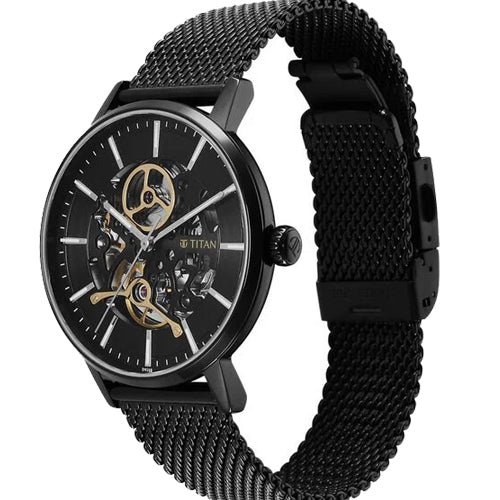 Titan Mechanical Slimline Black Dial Black Mesh Strap Watch for Men 42mm NS90159NM01 - view 2