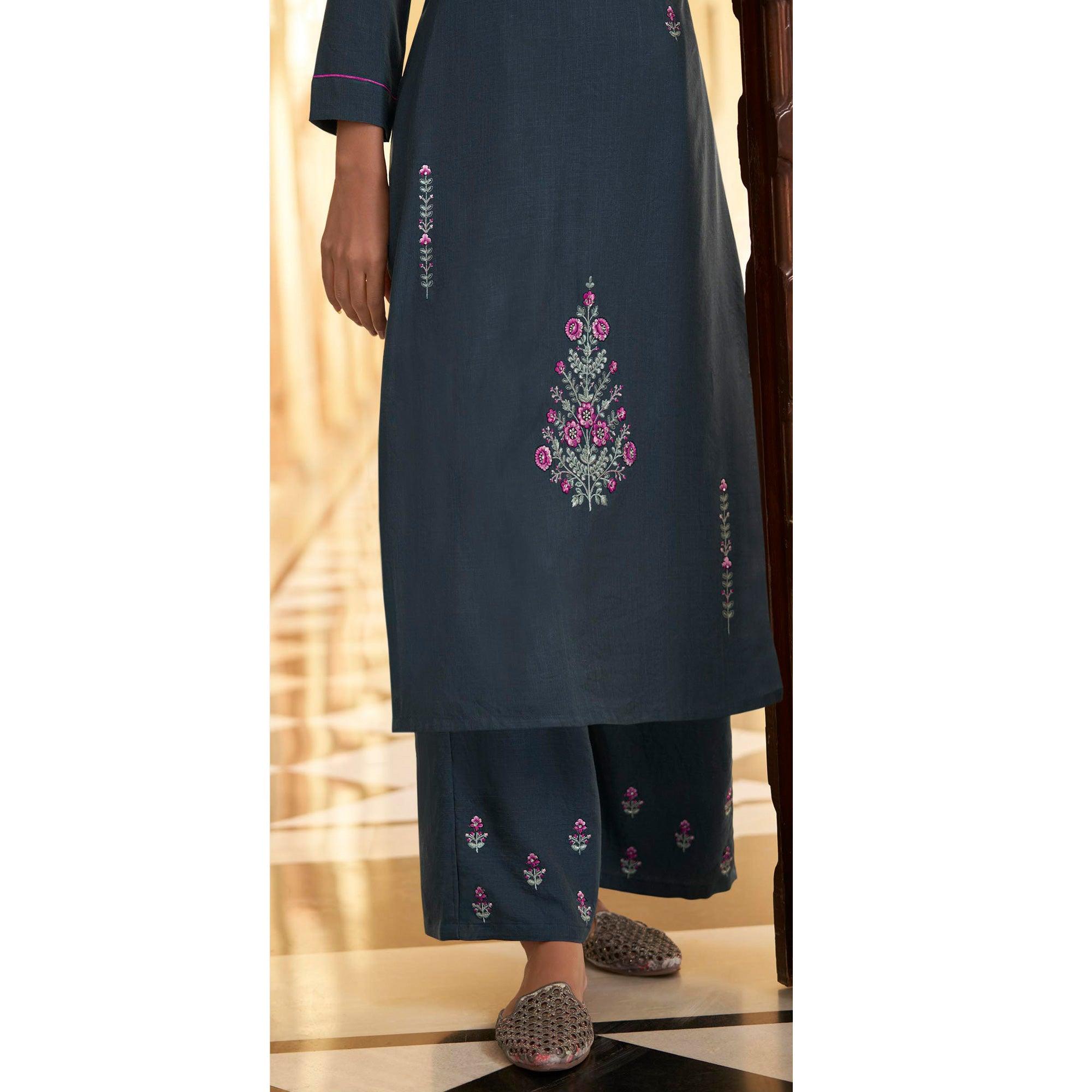Peachmode Seller Dark Grey Casual Wear Embroidered Heavy Rayon Kurti - Palazzo Set - view 3