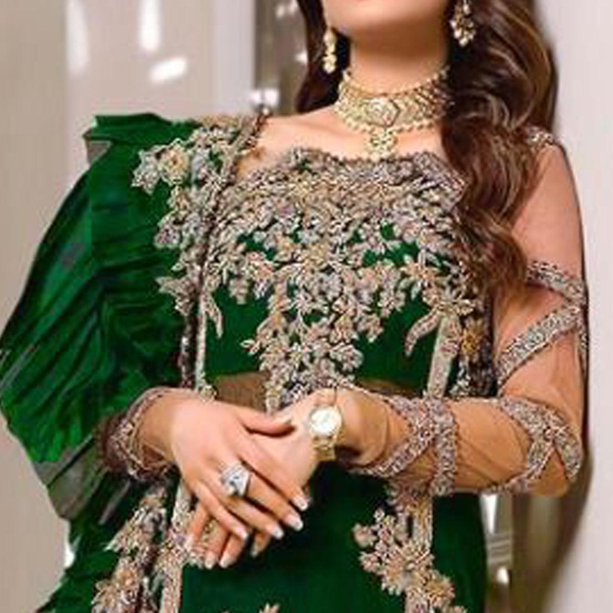 Peachmode Bottle Green Embroidered Resham Work Georgette Pakistani Suit - view 2
