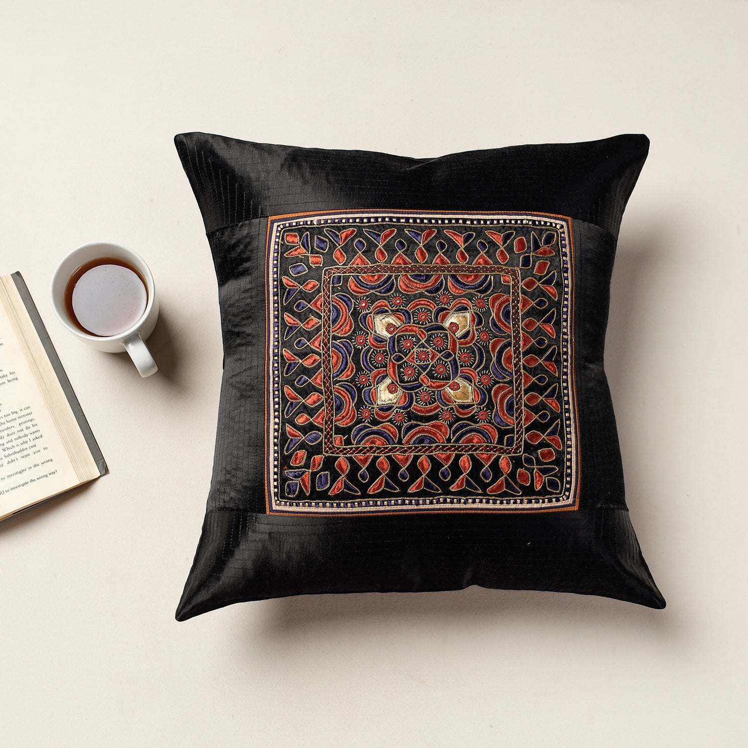 QASAB Black - Kutch Pakko Bherni Hand Embroidery Mashru Silk Cushion Cover (15.5 x 15.5 in)