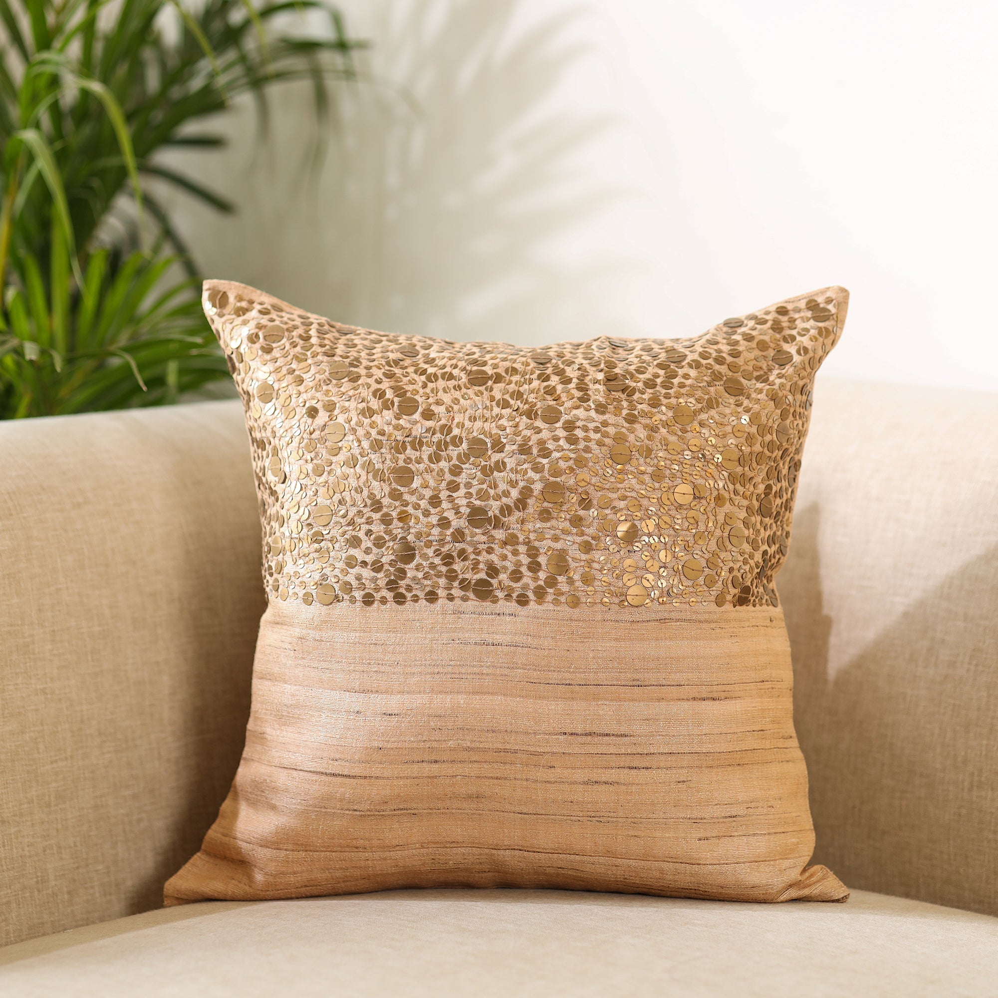 CHHATTISGARH HASTSHILP VIKAS BOARD Brown - Aari Embroidery Sequin Work Mercerised Ghicha Silk Cushion Cover (16 x 16 in)