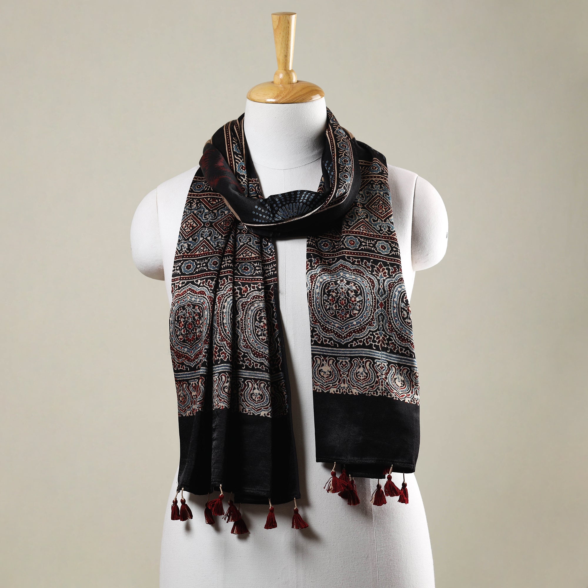 RIYAZ ABDULMAJID KHATRI - AJRAKH Black - Ajrakh Hand Block Printed Mashru Silk Stole with Tassels