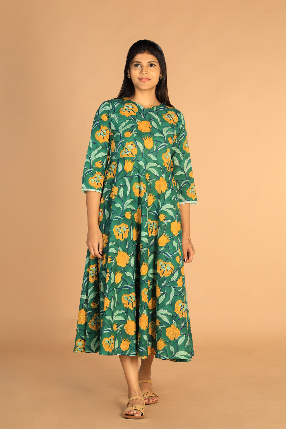 Kalanjali Ethnics Floral Sanganeri hand block printed cotton dress