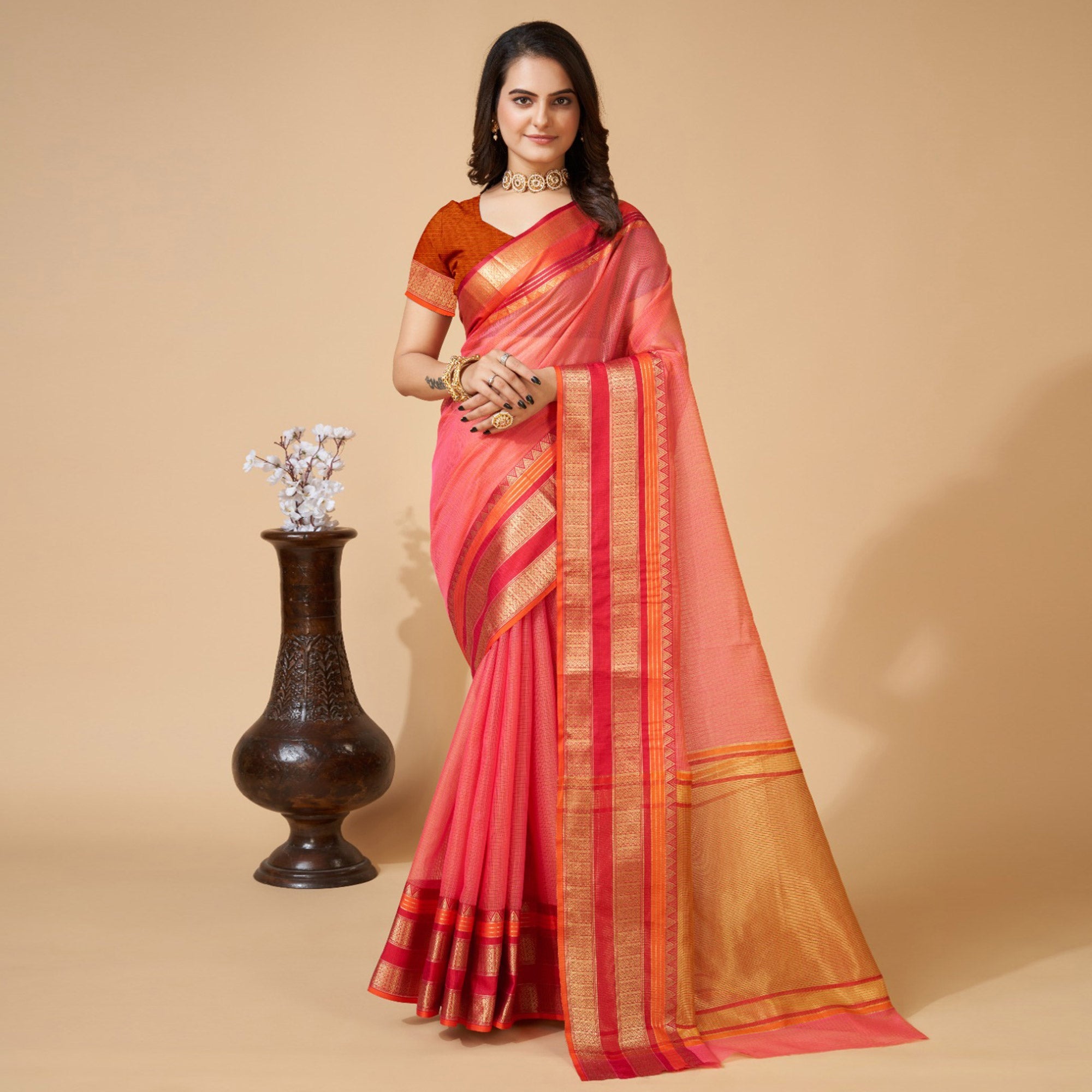 Peachmode Gajari Pink Woven Kota Doria Saree – Women's