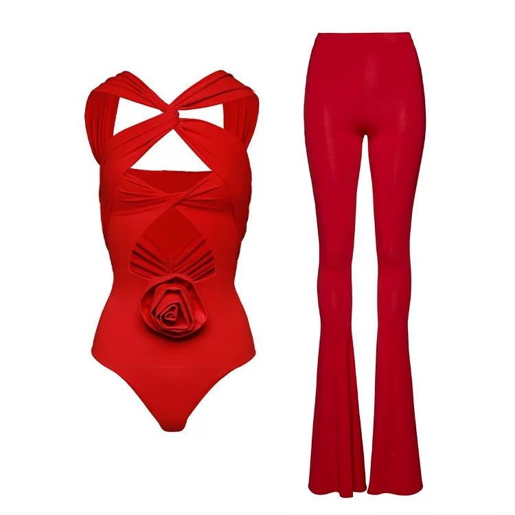 Alamode By Akanksha Baray Rosette Swimsuit with Pants in Red