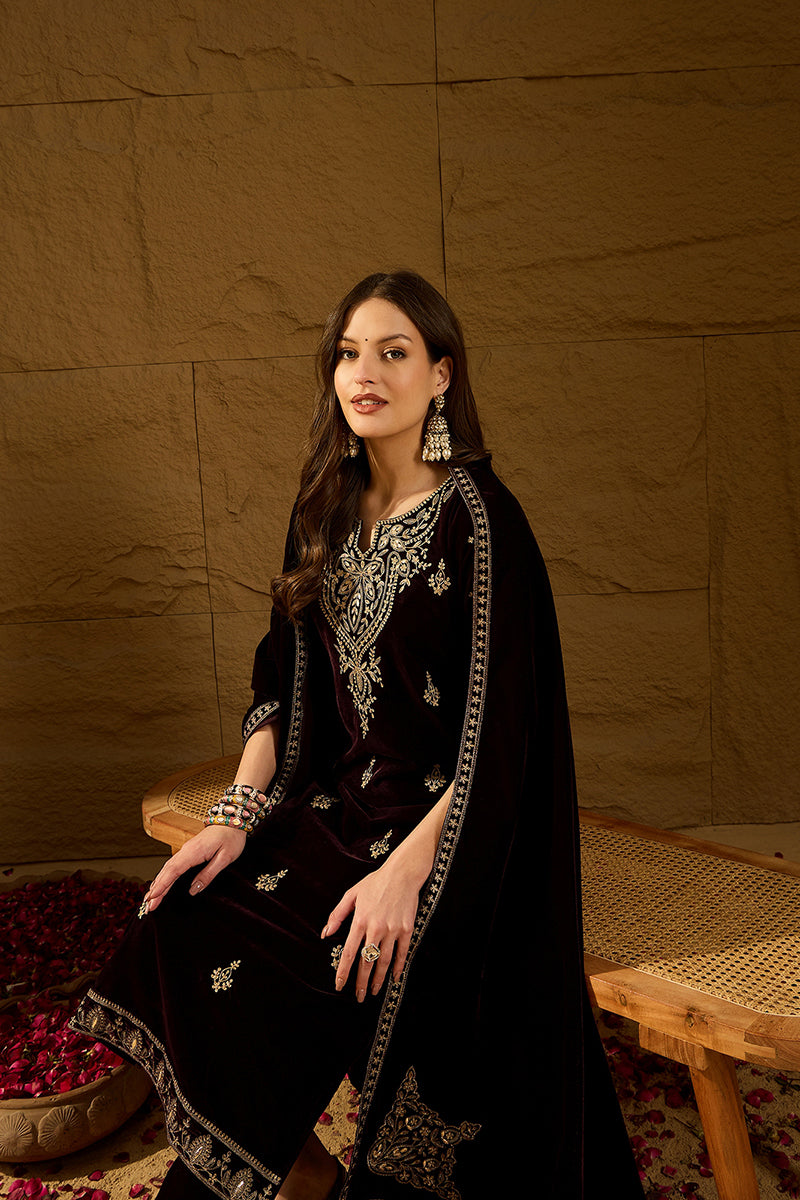 Ahika Purple Velvet Solid Embroidered Straight Trousers Suit Set PKSKD2254 - view 2