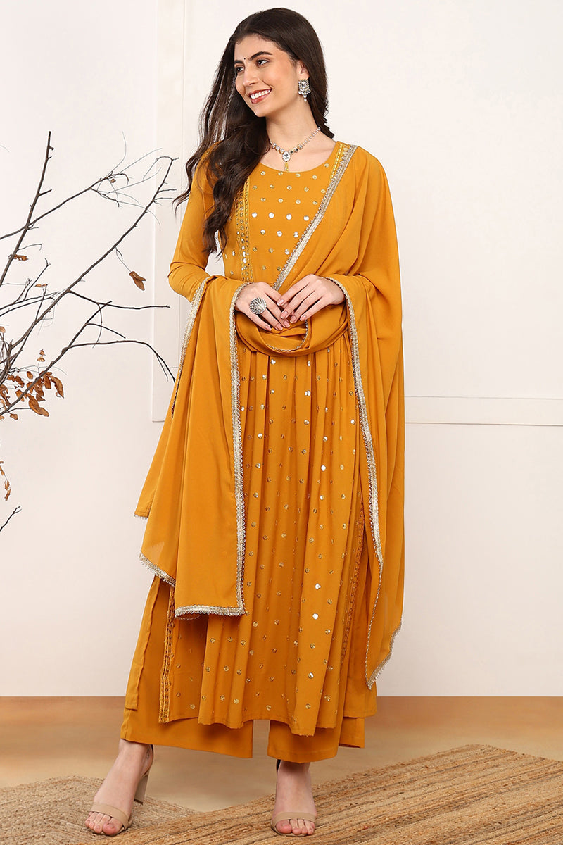 Ahika Mustard Yellow Georgette Solid Embroidered Straight Palazzo Suit Set PKSKD2521YLW