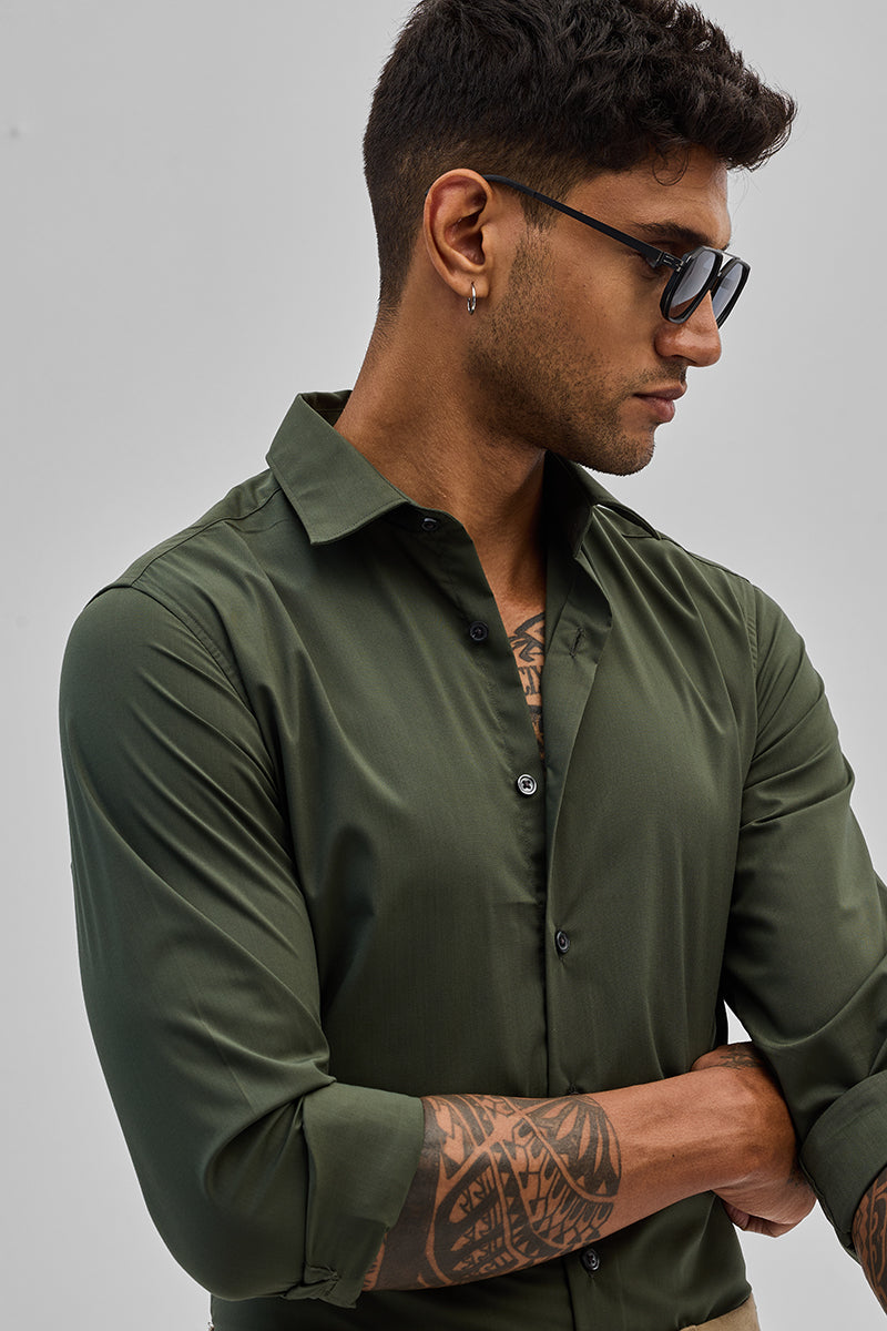 SNITCH Olive Slim Fit Stretch Shirt - view 5
