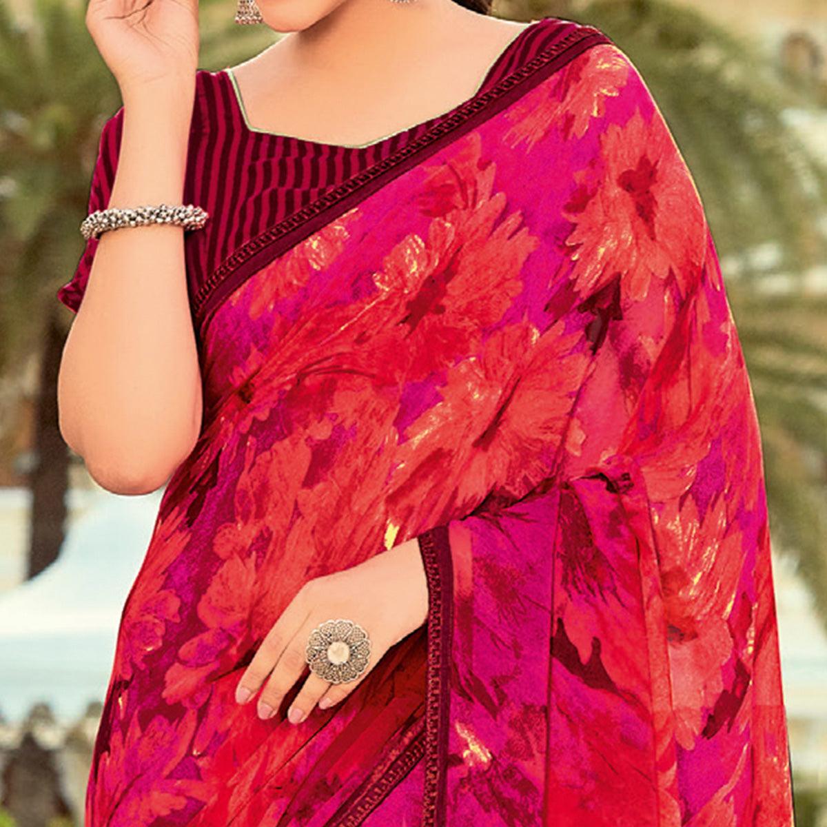 Peachmode Seller Coral Pink - Red Casual Wear Printed Georgette Saree - view 2