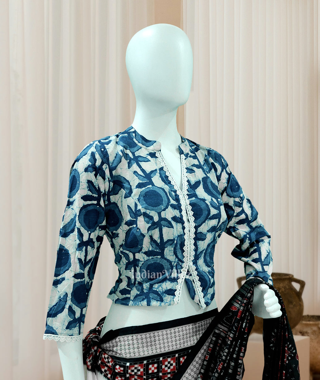IndianVillèz Light Blue Jodhpuri Block Print Cotton Blouse