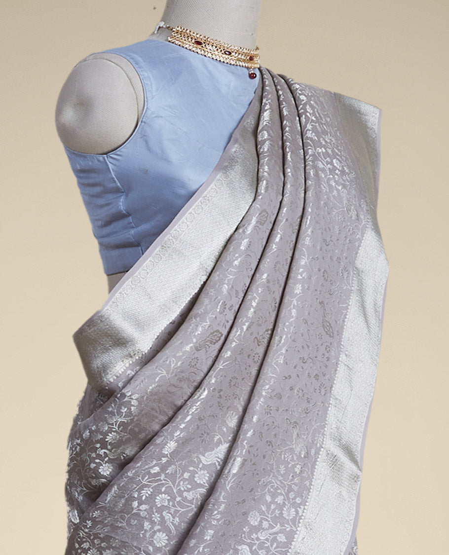 Pothys Grey floral design pure crepe saree with self zari border
