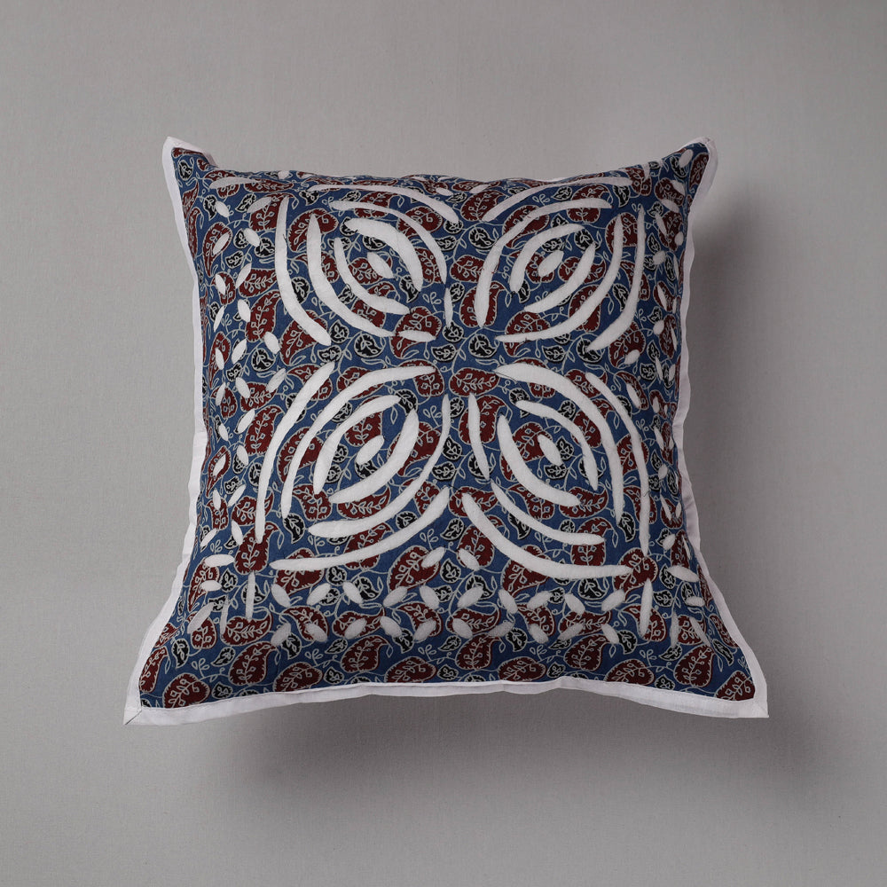 SHADES OF MARUDHARA Blue - Cutwork Cotton Applique Cushion Cover (16 x 16 in)